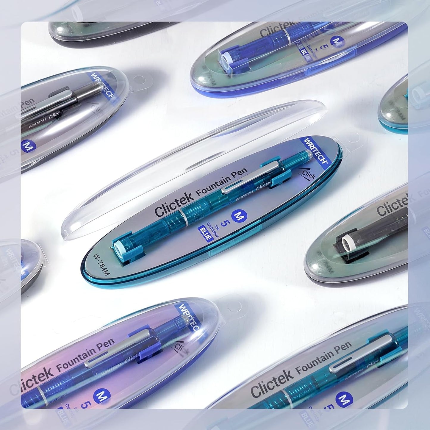 WRITECH Clictek Fountain Pen Retractable: Medium Nib Blue Ink Transparent Barrel Includes 5 Refillable Ink Cartridges, Smooth Writing No Leaking