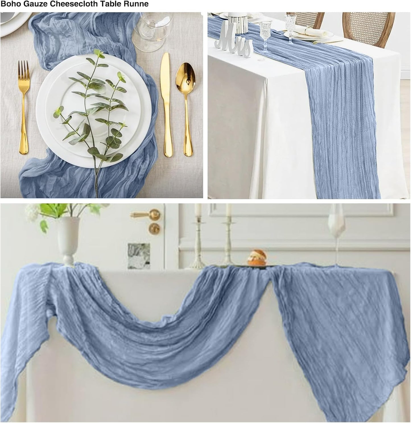 20 Pack Dusty Blue Cheesecloth Table Runner 17x108 Inch Boho Wrinkled Sheer Gauze Cheese Cloth Table Runner Bulk Romantic Decor for Wedding, Bridal Shower, Birthday Party