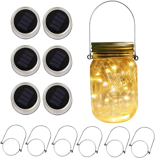 6 Pack Solar Mason Jar Lights for Outside, 30 LED Solar Mason Jar Lids Fairy Lights with 6 Hangers(No Jars) Outdoor Waterproof for DIY Patio Garden Yard Lawn Party Wedding Decoration Warm White