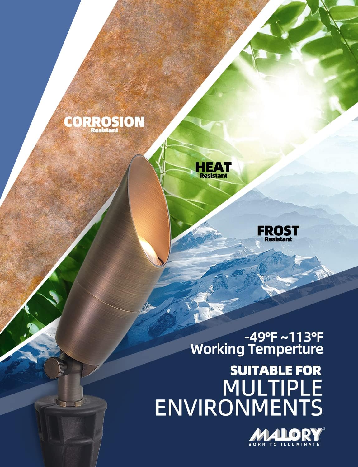 MALORY Solid Brass Landscape Spotlight 1-Pack with Bulb(S06), Low Voltage Front and Backyard Landscape Lighting with Large Rugged Slot Spike & Wire Connector,12V AC/DC Garden Patio Spot Up Light