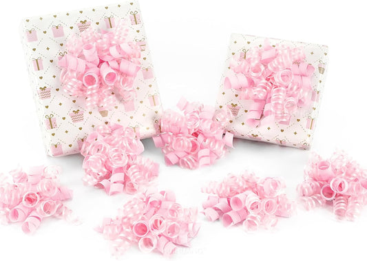 HUIHUANG Pink Gift Bows Self-Adhesive Curly Ribbon Bow 5 inch x 8 Counts Light Pink Bow for Gift Wrapping, Presents, Paper Bag, Baby Shower Favors, Wrapping Accessories, Party Decor