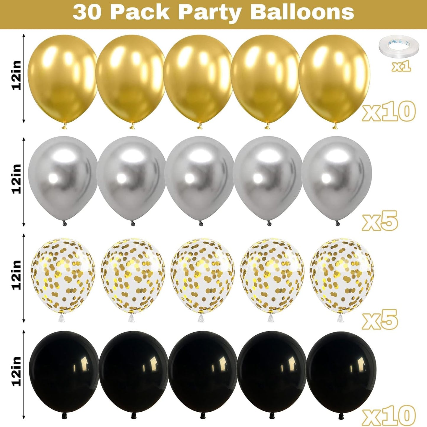 Latex Balloons with Gold Confetti Helium Party Balloons for Birthday Anniversary Wedding Retirement New Year Decoration, Black White Gold (BS-001)