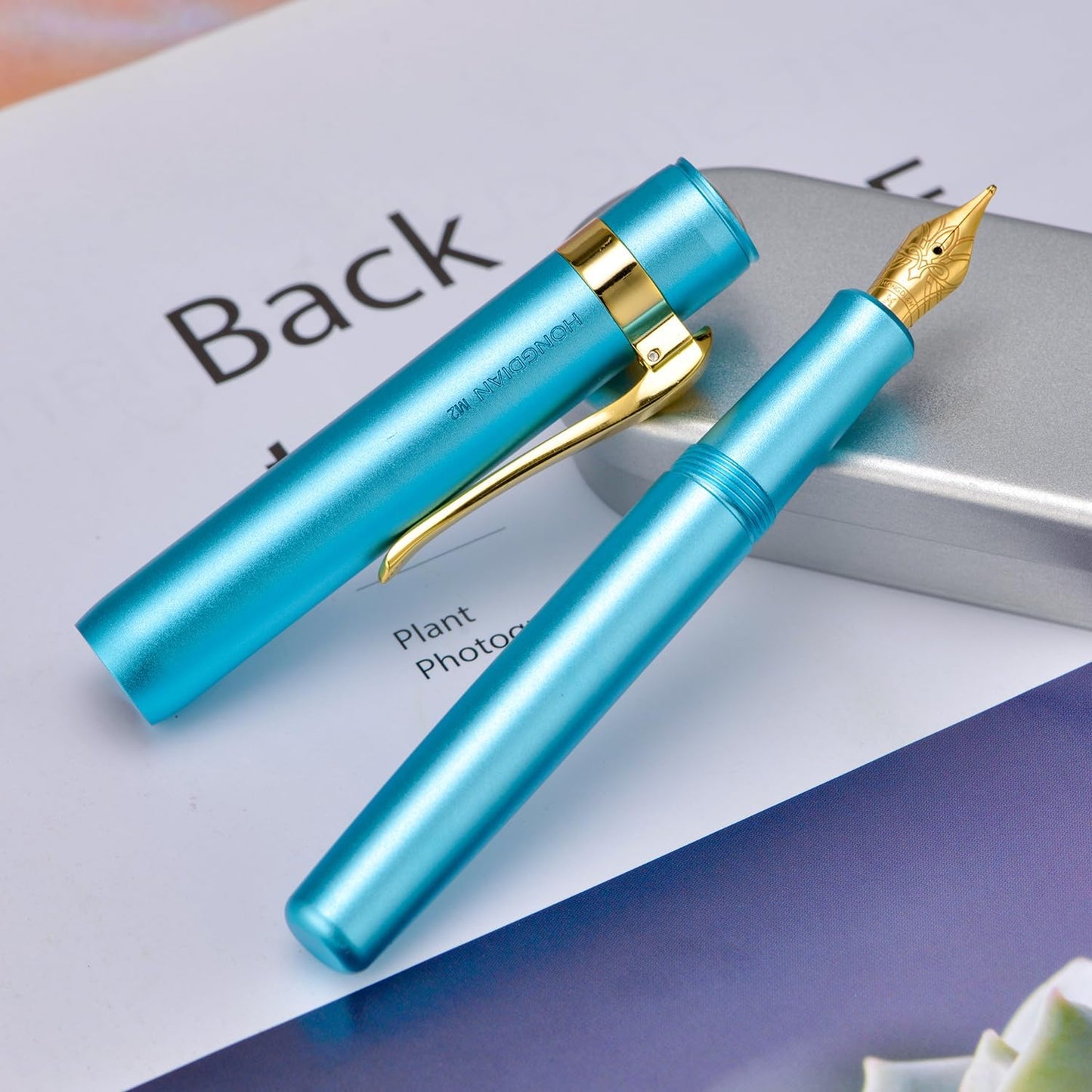 HONG DIAN M2 Black Forest Mini Fountain Pen, Medium Soft Nib & Sleek Shape Aluminium Short Pocket Travel Pen (Lake Blue)