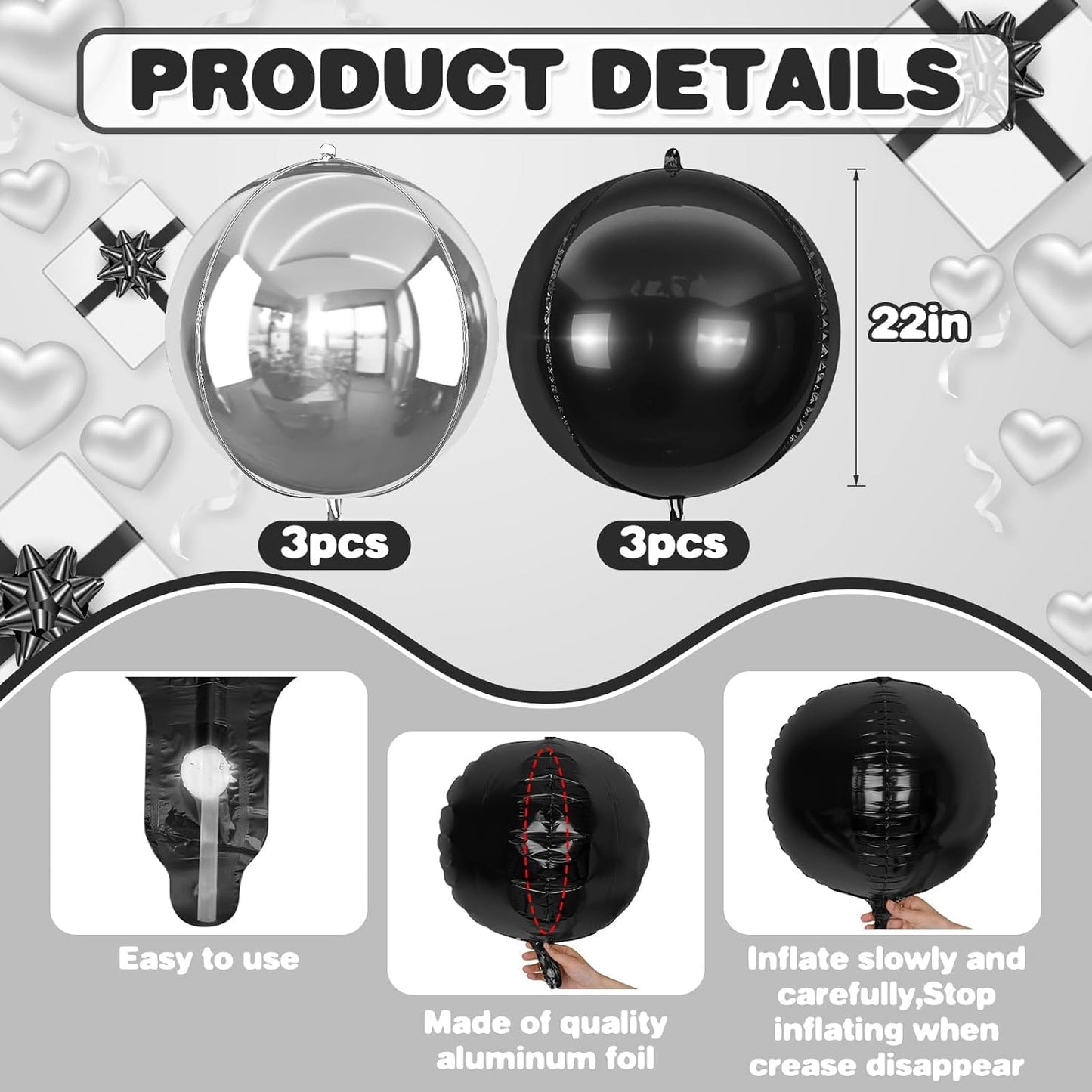 6Pcs Silver Black Round Foil Balloons,Giant 4D Round Ball Balloon,22 Inch Metallic Balloons for Birthday Wedding Graduation Prom Party Decorations