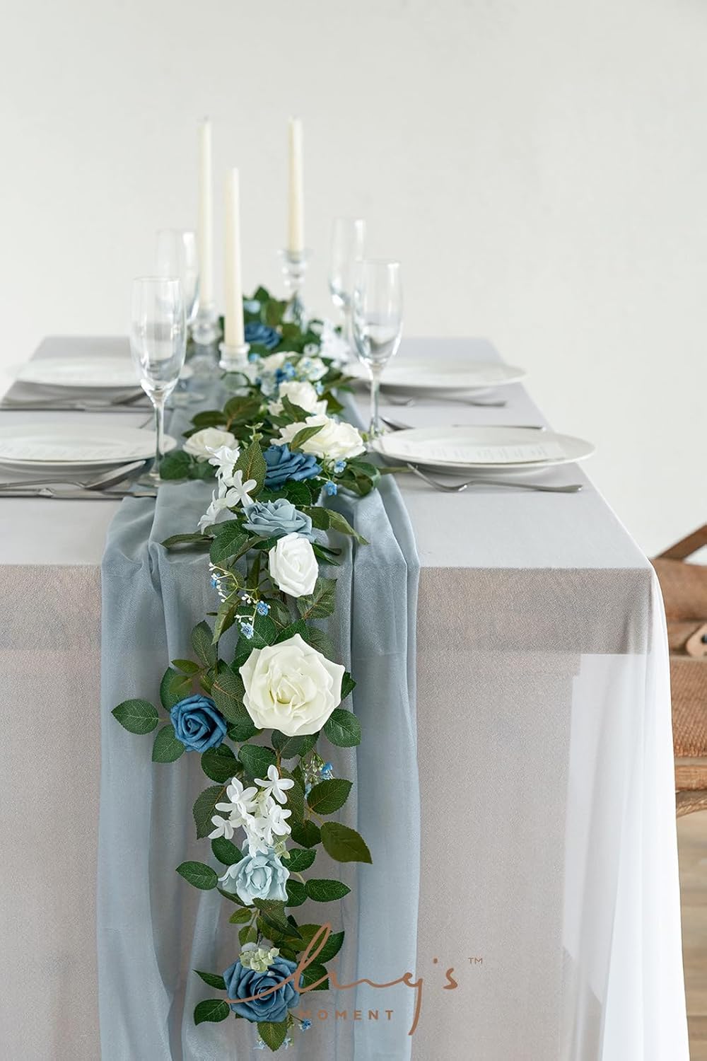 Ling's moment 5FT Dusty Blue Artificial Flower Garland Rose Leaves Floral Garland Arch Flowers Vine Table Garland for Wedding Party Backdrop Decor Home Mantel Table Centerpieces Decoration