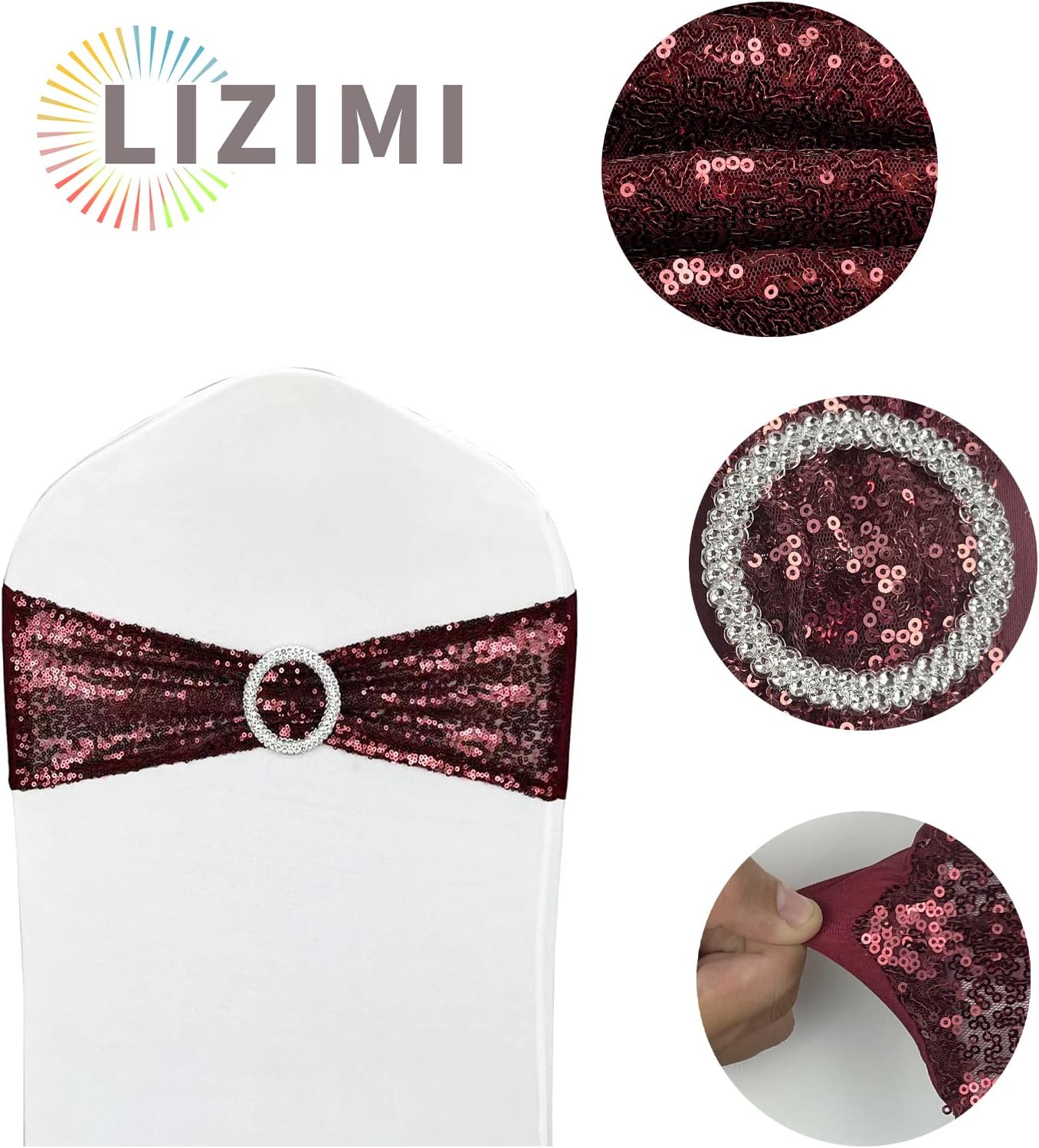 10 Pcs Sequin Chair Sashes Stretch Chair Bands Spandex Polyester Bows for Party Hotel Wedding Banquets Decoration - Burgundy