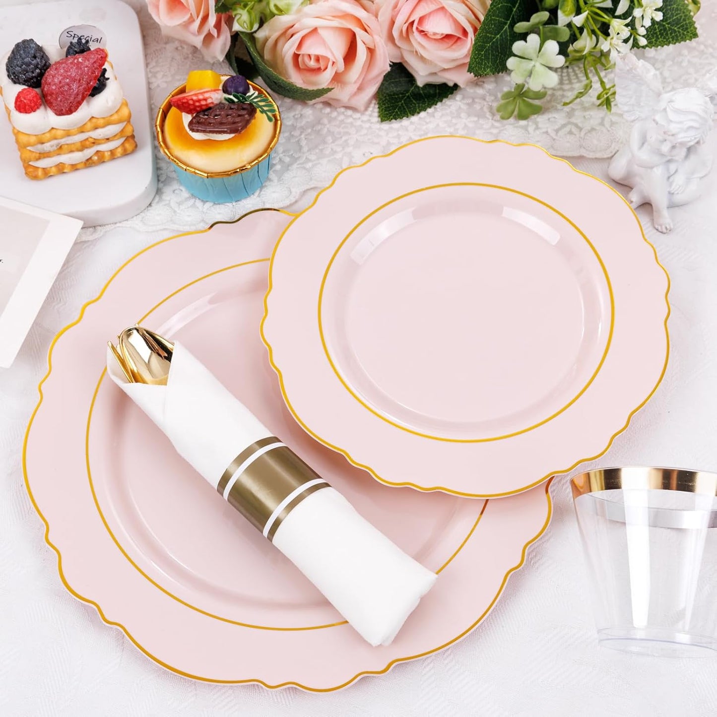 Liacere 350PCS Pink Plates Disposable - Pink and Gold Plates 50guest Baroque Plastic Dinnerware include 100Plates, 50Pack Pre Rolled Napkins with Silverware 50Cups Perfect for Wedding＆Mother's Day