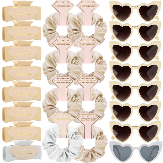 Bridesmaid Scrunchies Proposal Gifts Bachelorette Hair Claws Clips Girls heart sunglasses for Wedding Party Favors (White&Beige)