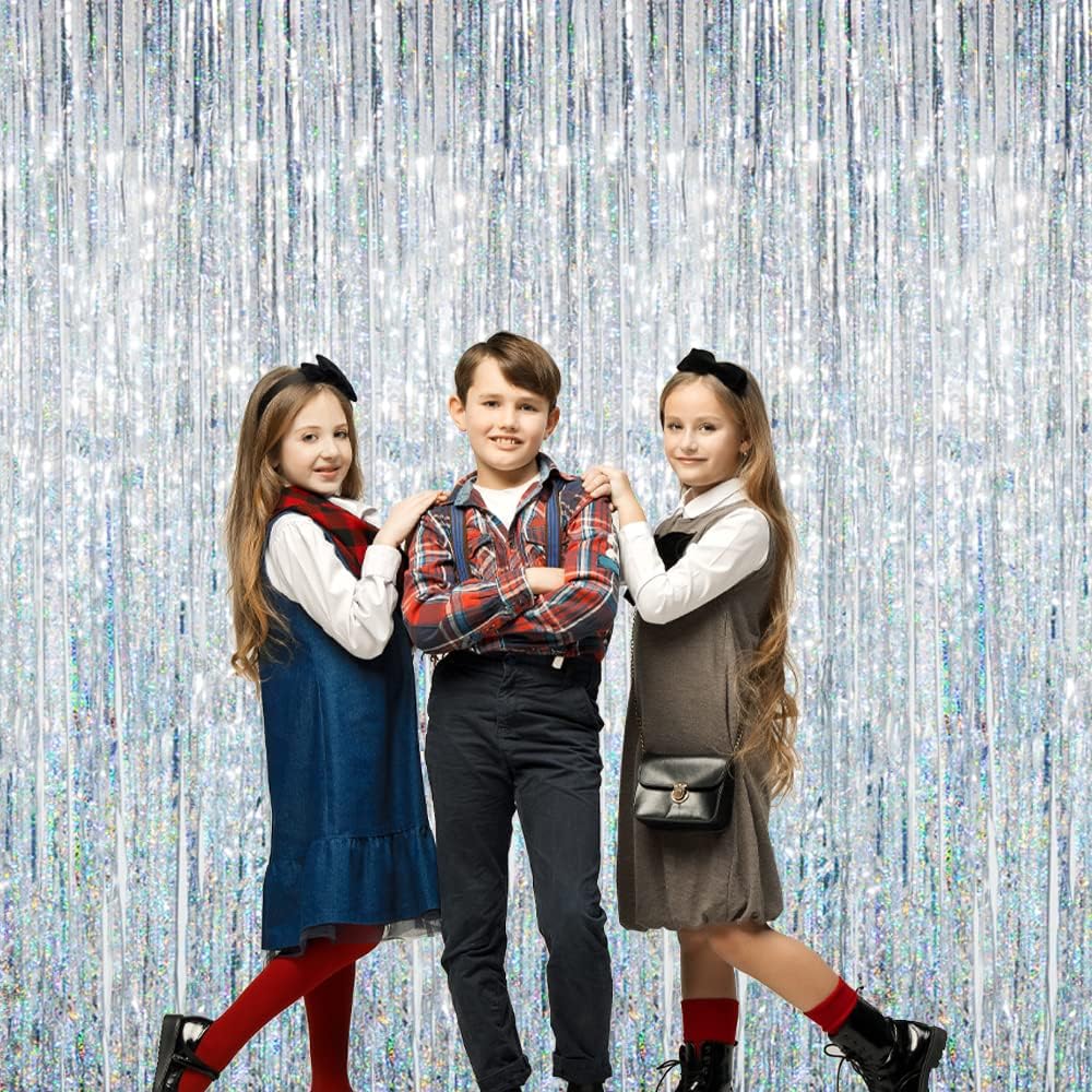 GOER 3.2 ft x 8.2 ft Metallic Tinsel Foil Fringe Curtains Party Photo Backdrop Party Streamers for Birthday,Graduation,New Year Eve Decorations Wedding Decor (5 Packs,Shiny Silver)