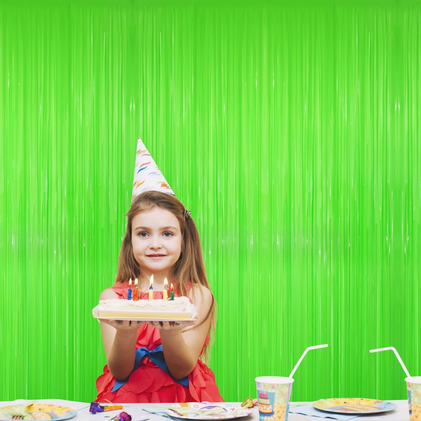 GOER 3.2 ft x 8.2 ft Metallic Tinsel Foil Fringe Curtains Party Photo Backdrop Party Streamers for Birthday,Graduation,New Year Eve Decorations Wedding Decor(5 Packs,Candy Lime Green)