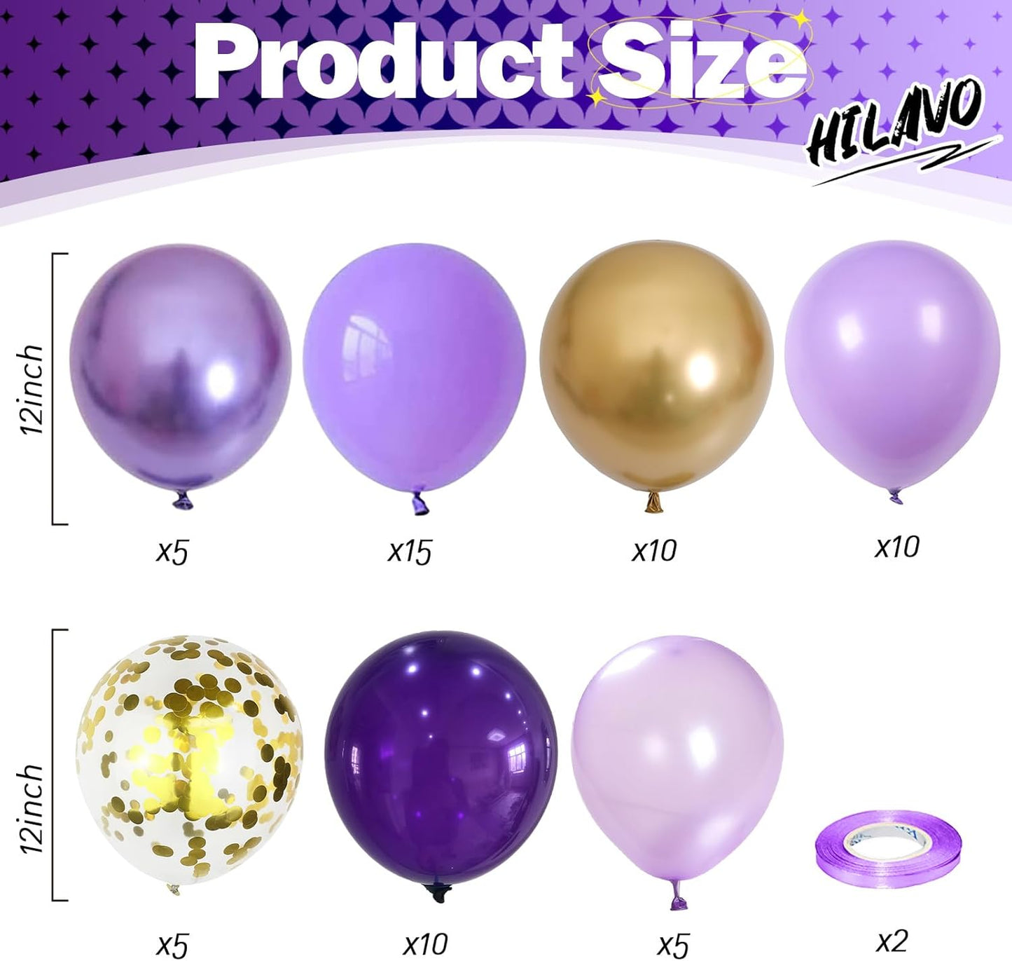 Pastel Purple Gold Balloons Set, 60Pcs 12 Inch Light Macaron Metallic Dark Purple Lavender Balloon with Gold Confetti Latex Balloons for Graduation Birthday Wedding Baby Bridal Shower Party Decoration