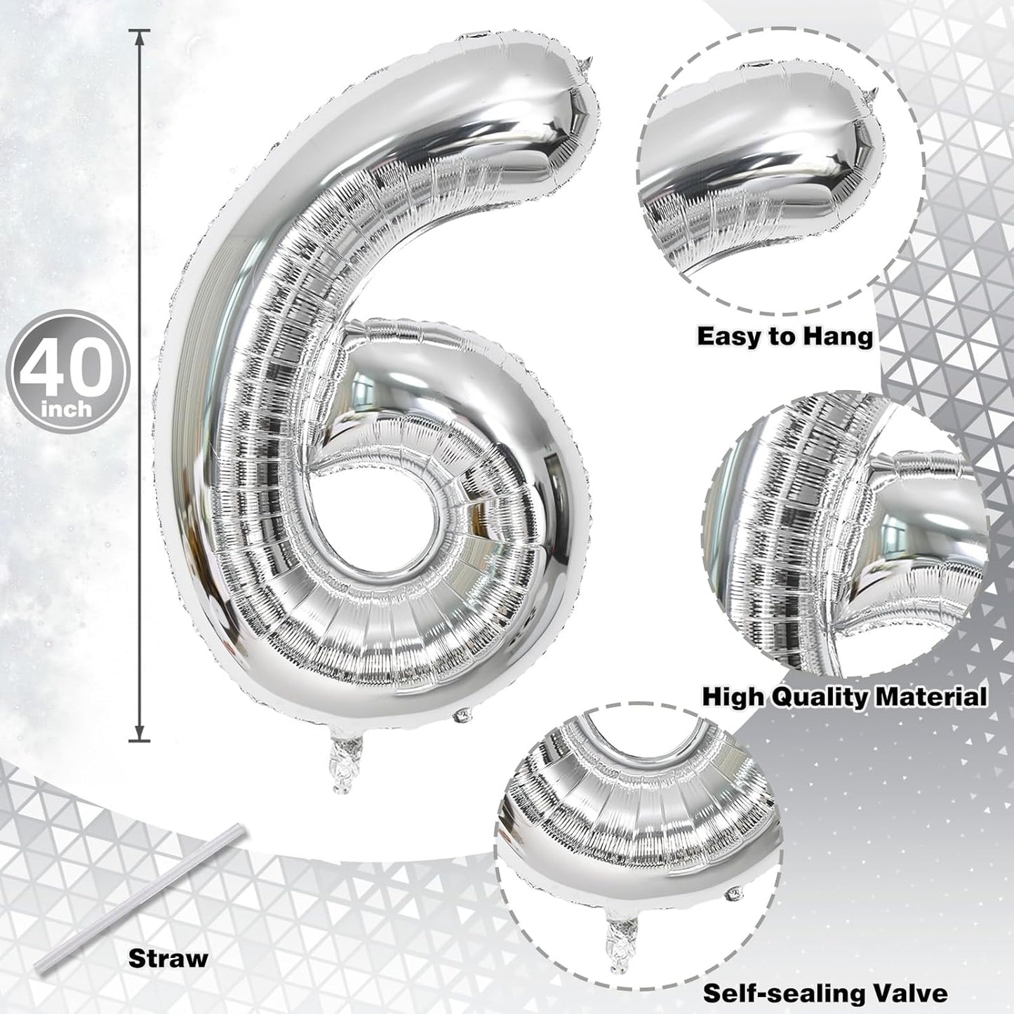 40 Inch Number 60 Balloons, Giant Silver Number 6 & 0 Helium Foil Balloon for Girls 60th Birthday Decor, Self Inflating Mylar 60 Balloon Numbers for Man Women Anniversary Party Decorations Supplies
