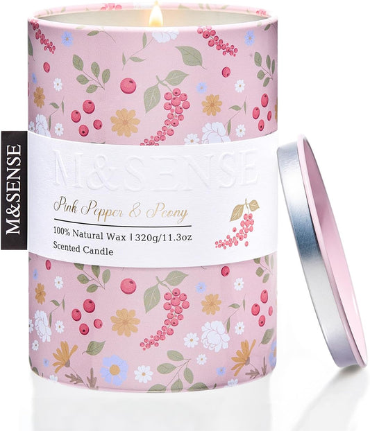 M&SENSE Pink Pepper Peony Scented Candle, Medium Jar Candle 11.3oz Natural Soy Wax for Home Scented, Floral Candles Gift for Spring Holiday, Up to 70 Hours Burning Long-Lasting Fragrance