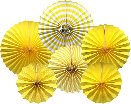 ADLKGG Party Hanging Paper Fans Set, Yellow Round Pattern Paper Garlands Decoration for Birthday Wedding Graduation Events Accessories, Set of 6
