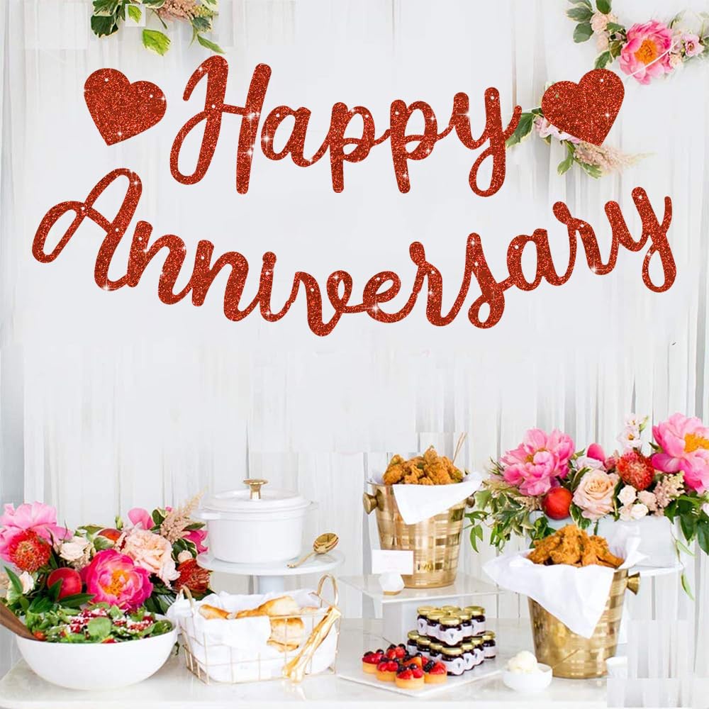 BEISHIDA Pre-Strung Glitter Red Happy Anniversary Banner Wedding Decor