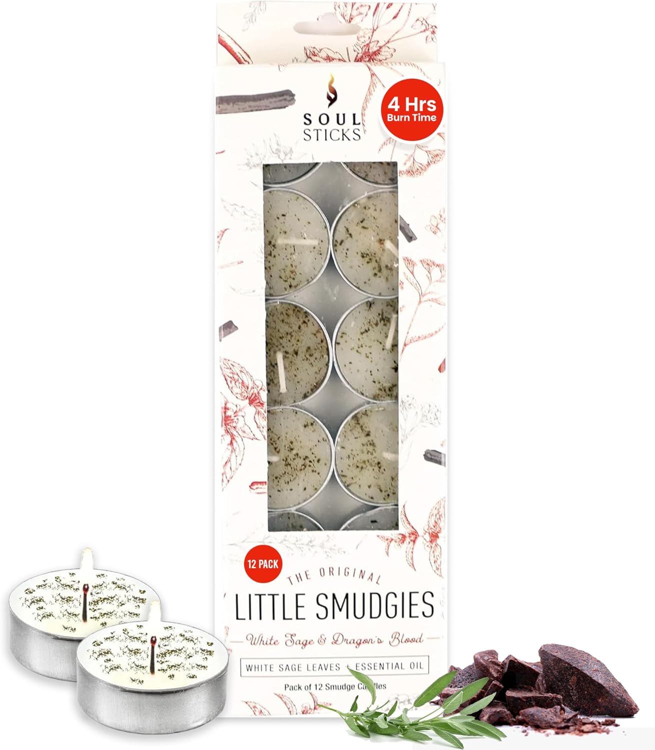 SOUL STICKS 12 Pack Little Smudgies Tealight Candles Smudge Candle for Cleansing House, Meditation, Chakra Healing | Made with Crystals and Herbs (White Sage & Dragon's Blood)