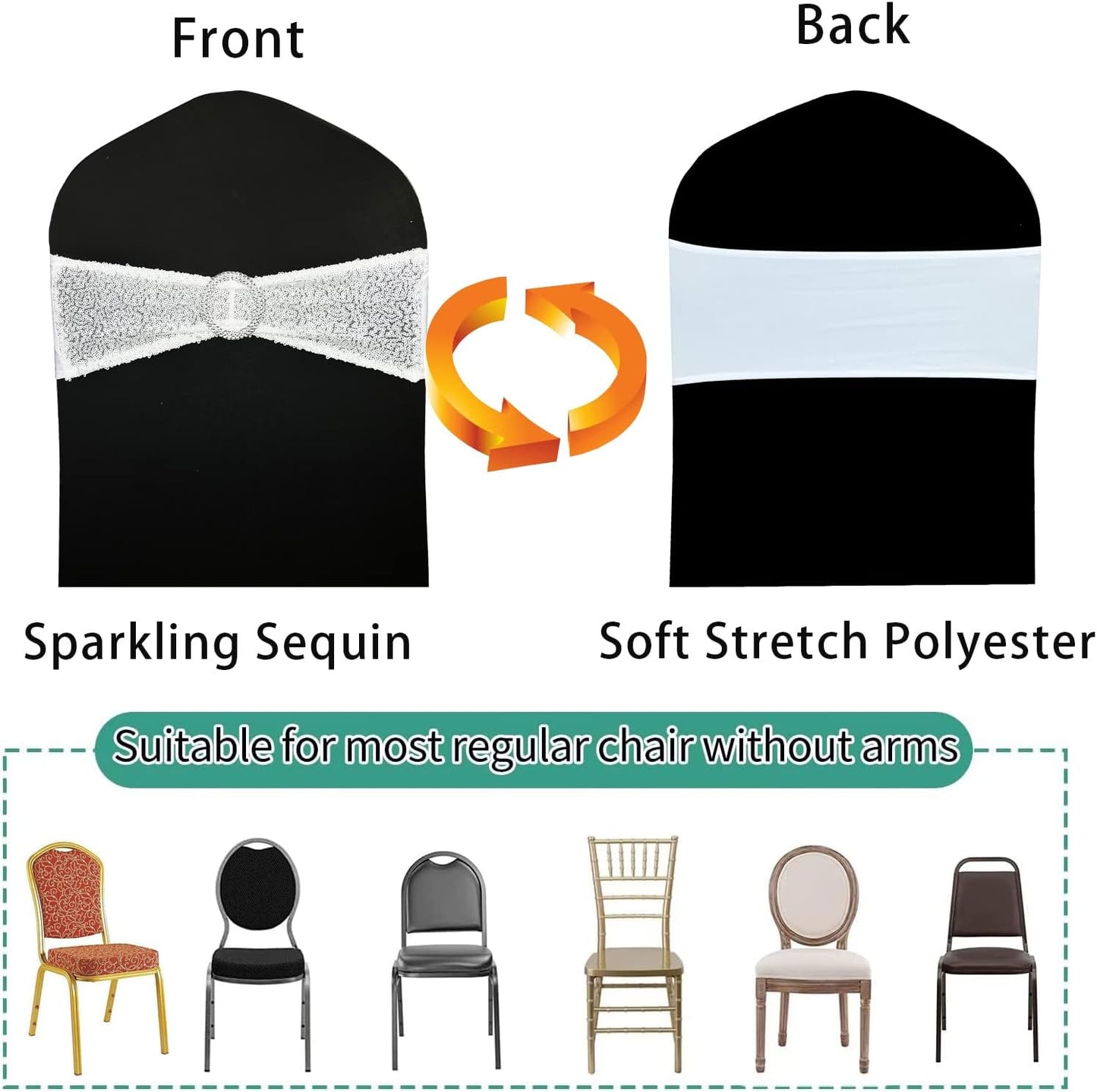 Sequin Chair Sashes Stretch Chair Bands Spandex Polyester Bows for Party Hotel Wedding Banquets Decoration - 6 Pcs White