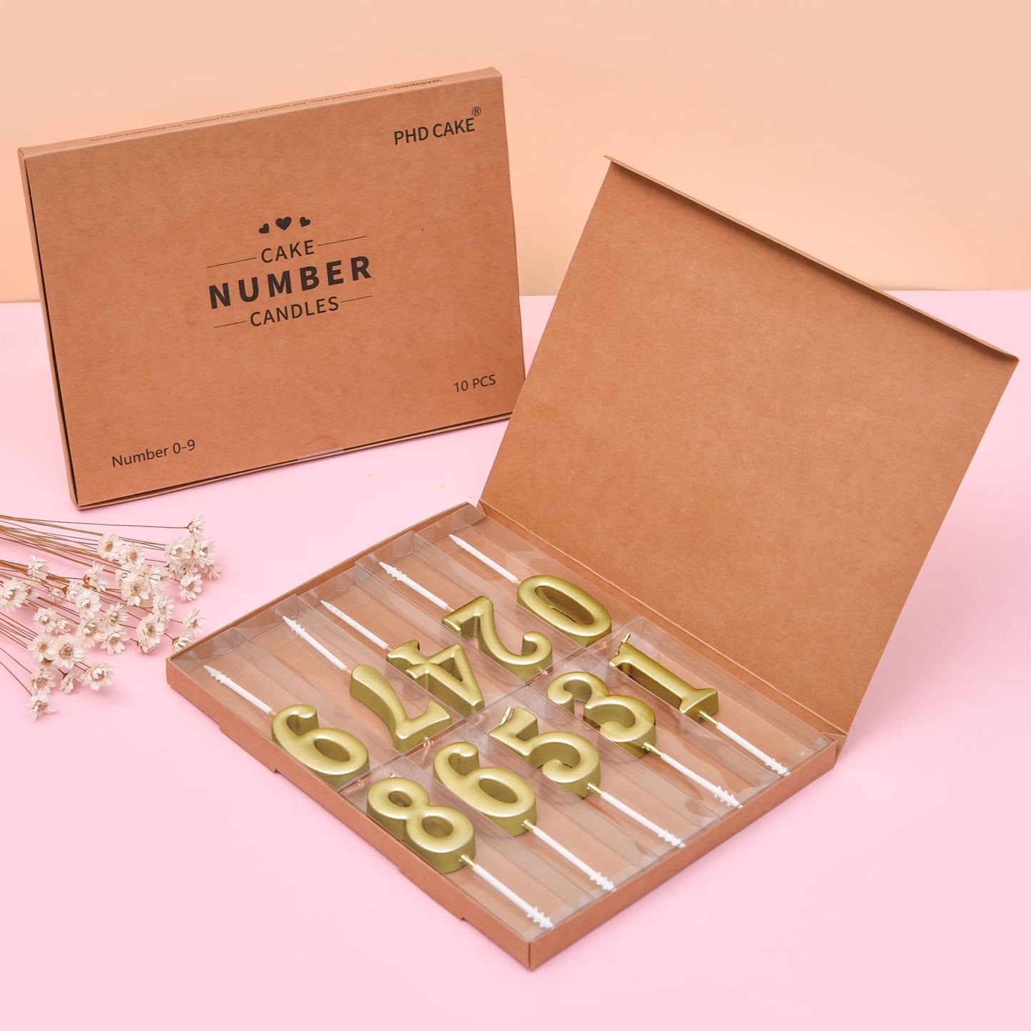 PHD CAKE 10-Pieces Gold Numeral Birthday Candles, Cake Numeral Candles Number 0-9 Glitter Cake