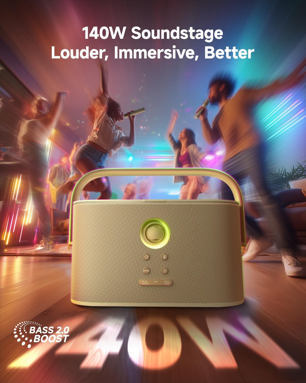 Ikarao Karaoke Machine for Adults, with Lyrics Display Screen, 2 Self-Charging Wireless Microphones, Autotune & EQ, 140W Speaker, Connect TV, Portable Karaoke System for Home, Family, Party, Travel