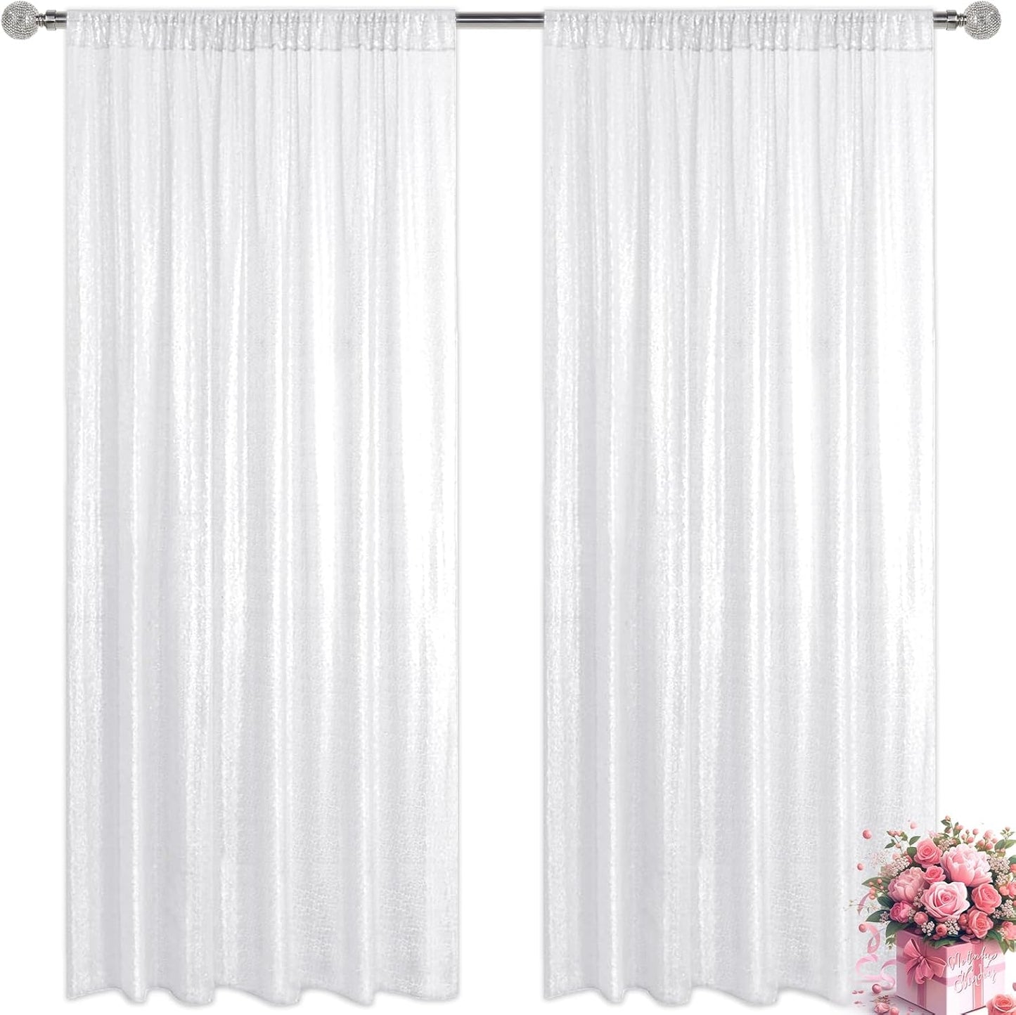 White Sequin Backdrop Curtain 2 Pieces 2FTx8FT Glitter Photography Backdrop for Party Wedding Birthday Christmas Decorations