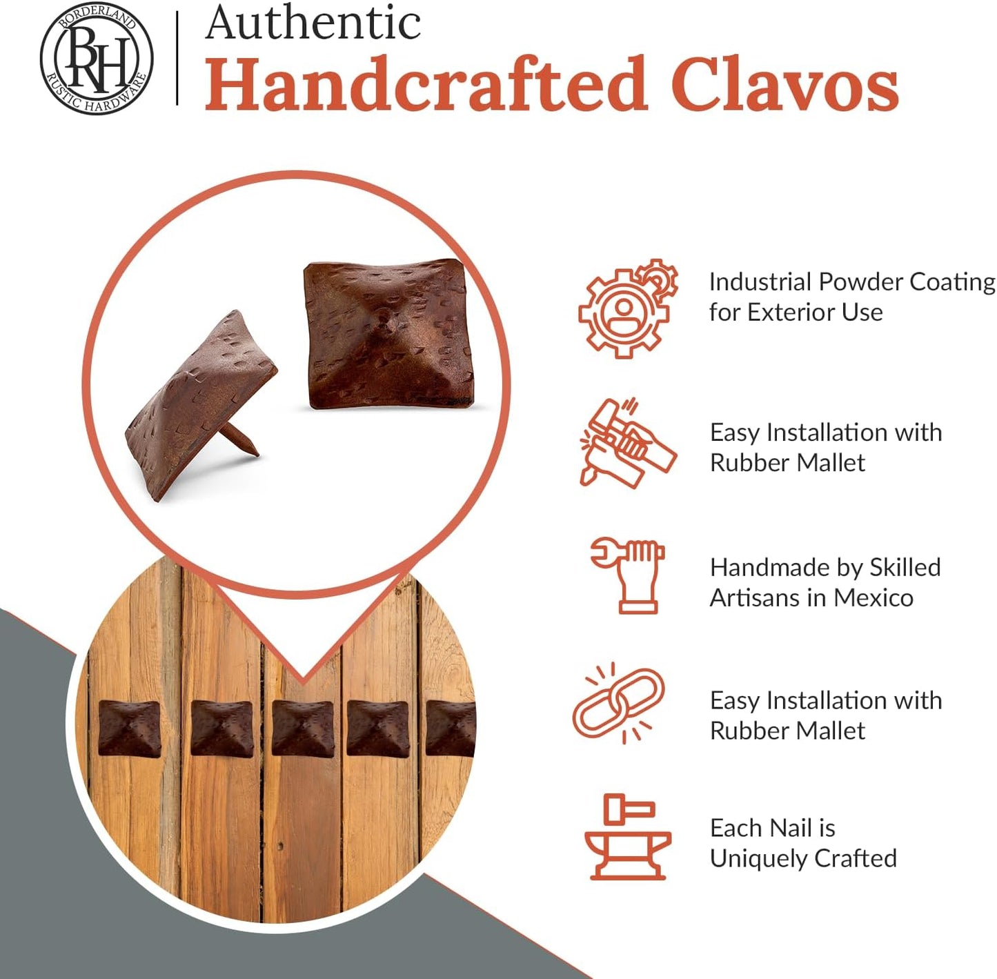 50 Pack 1.5" Square Head Iron Clavos Decorative Nails – Sealed Rusted – Handmade Rustic Square Fasteners for Farmhouse Shutters, Faux Wood, Barn Doors, Shutters, and Gates – Ornamental Wood Accent