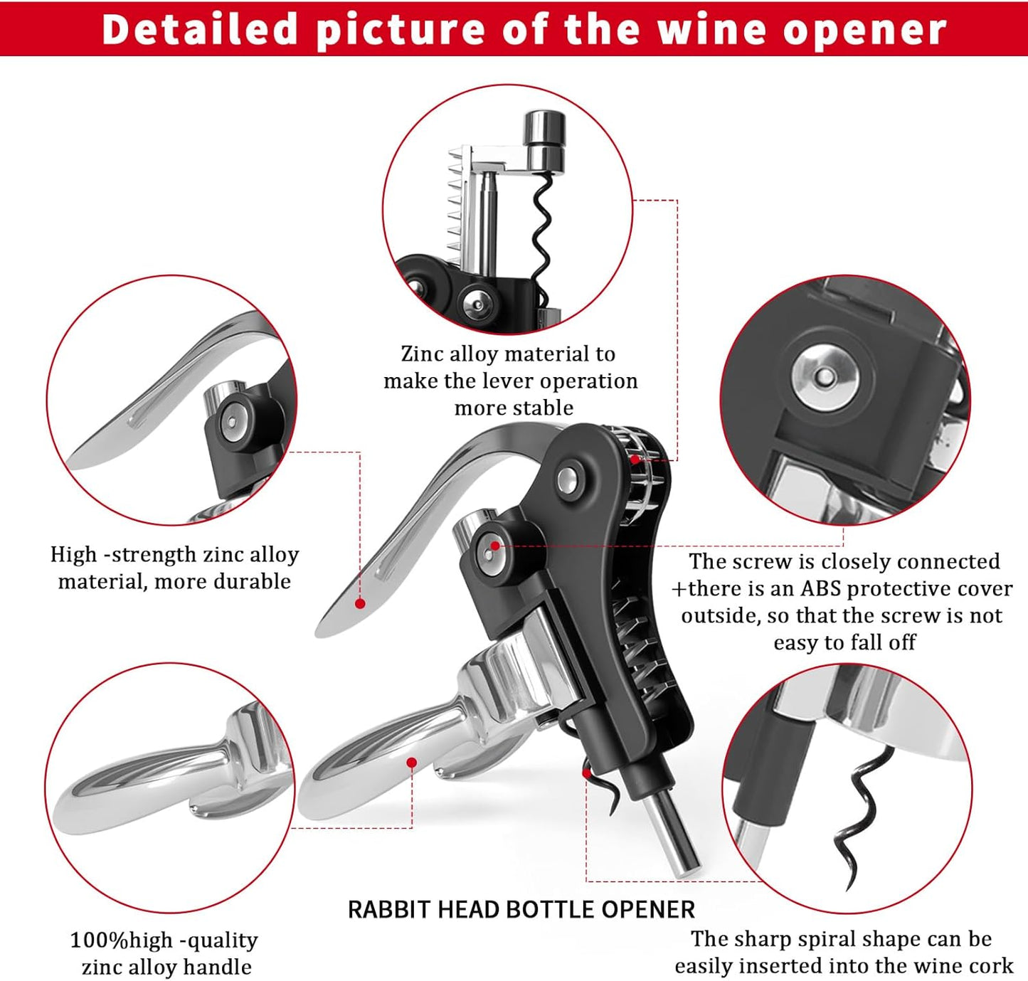 DEMARRE Silver Rabbit Corkscrew Wine Opener, Luxury Wine Bottle Opener, Zinc Alloy Corkscrew Set for All Wines, Includes Opener, Foil Cutter, Wine Stopper Pourer, Drip Ring, Black Gift Box