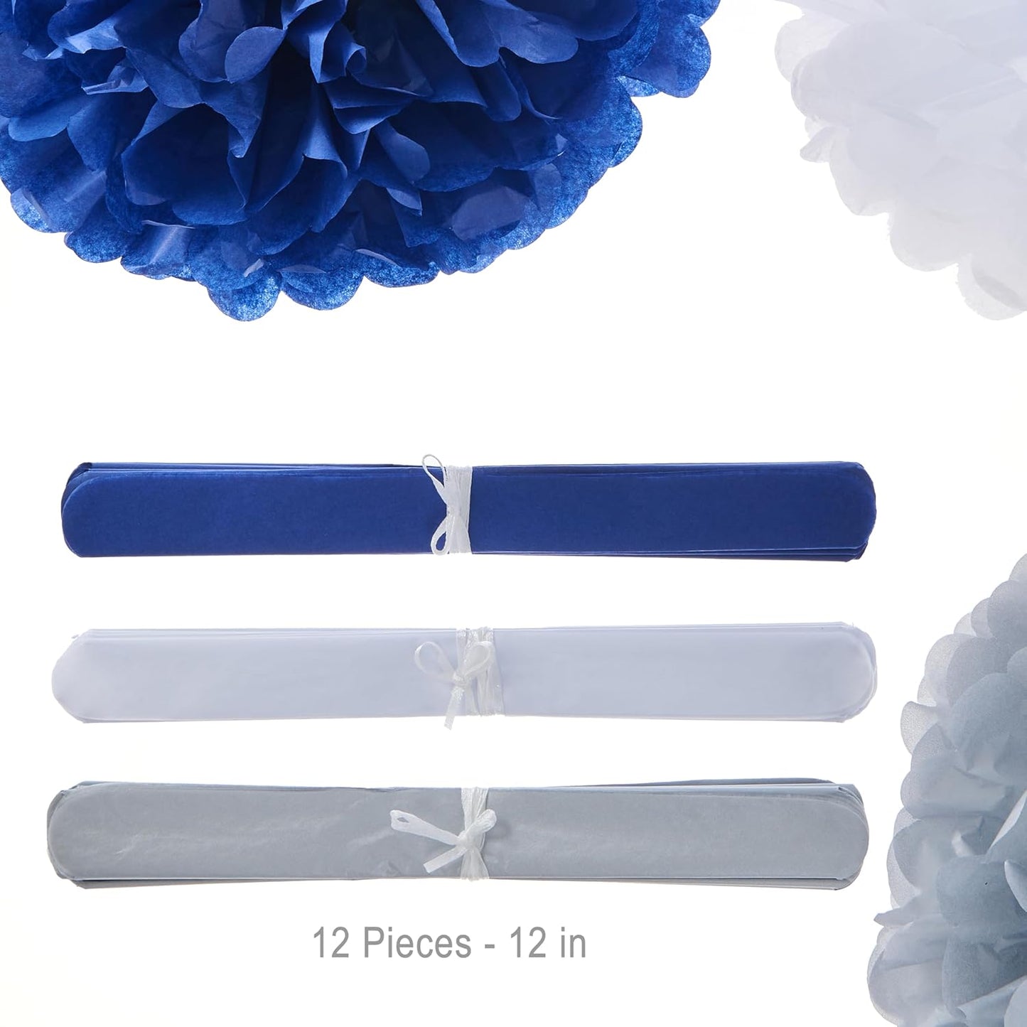 Tissue Pom Poms Tissue Paper Flowers Tissue Fluff Balls Party Decorations 12-Inch Pack of 12 (Blue, White, Silver)