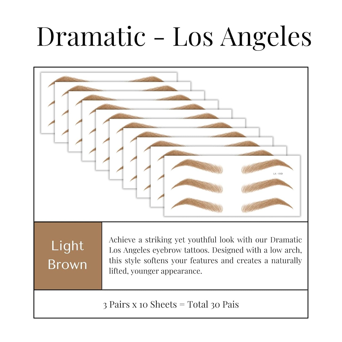 Bliss and Beyond USA Eyebrow Tattoo Stickers Waterproof – 30-Pair Deluxe Box | Realistic Hair-Like Temporary Brows for Alopecia, Cancer, and Hair Loss (Light Brown, Dramatic Los Angeles)