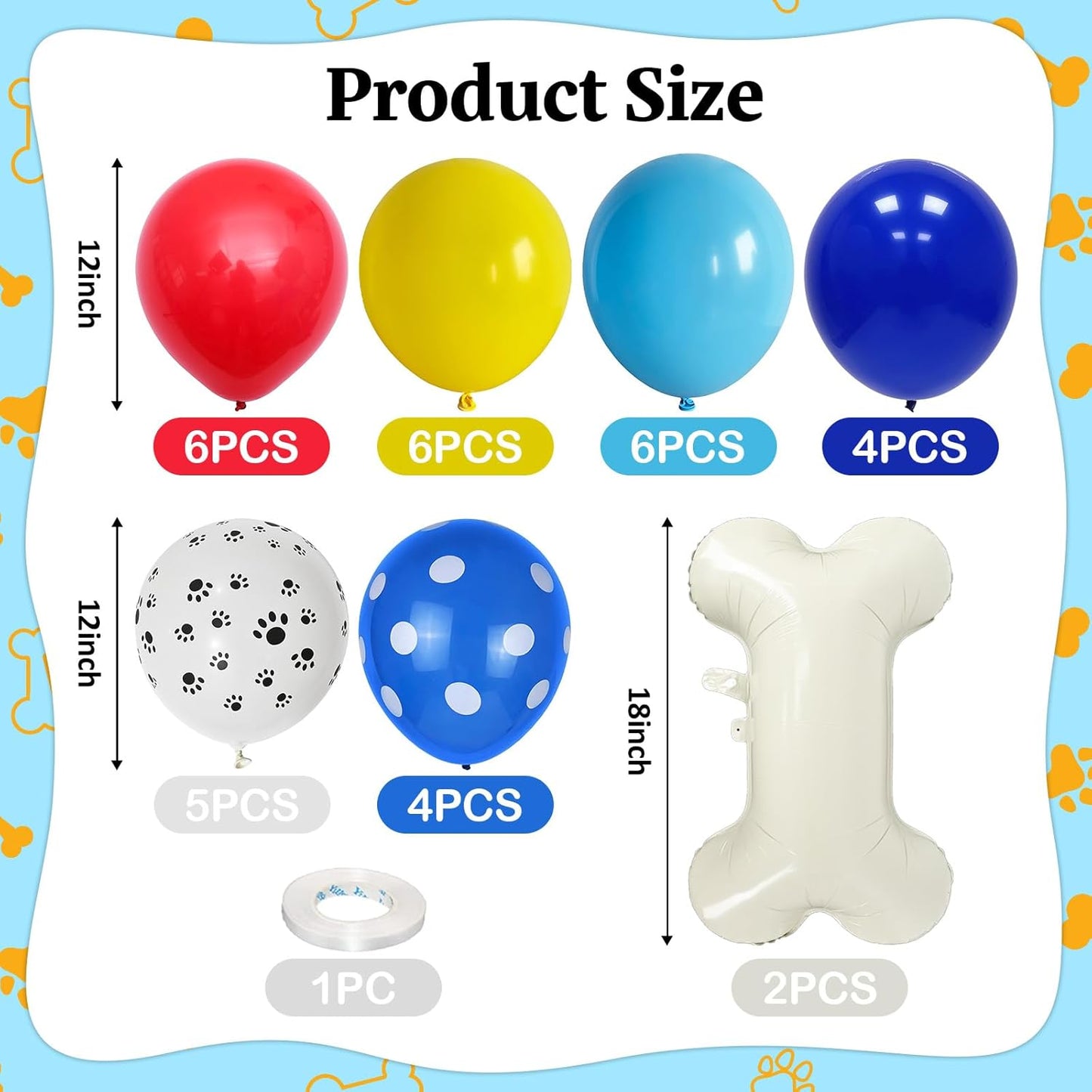 Dog Balloons, Red Yellow Blue Paw Print Balloons with 18 Inch Bone Foil Balloon, Dog Paw Latex Animal Balloon for Boy Kids Birthday Cartoon Theme Puppy Party Decorations Backdrop Supplies