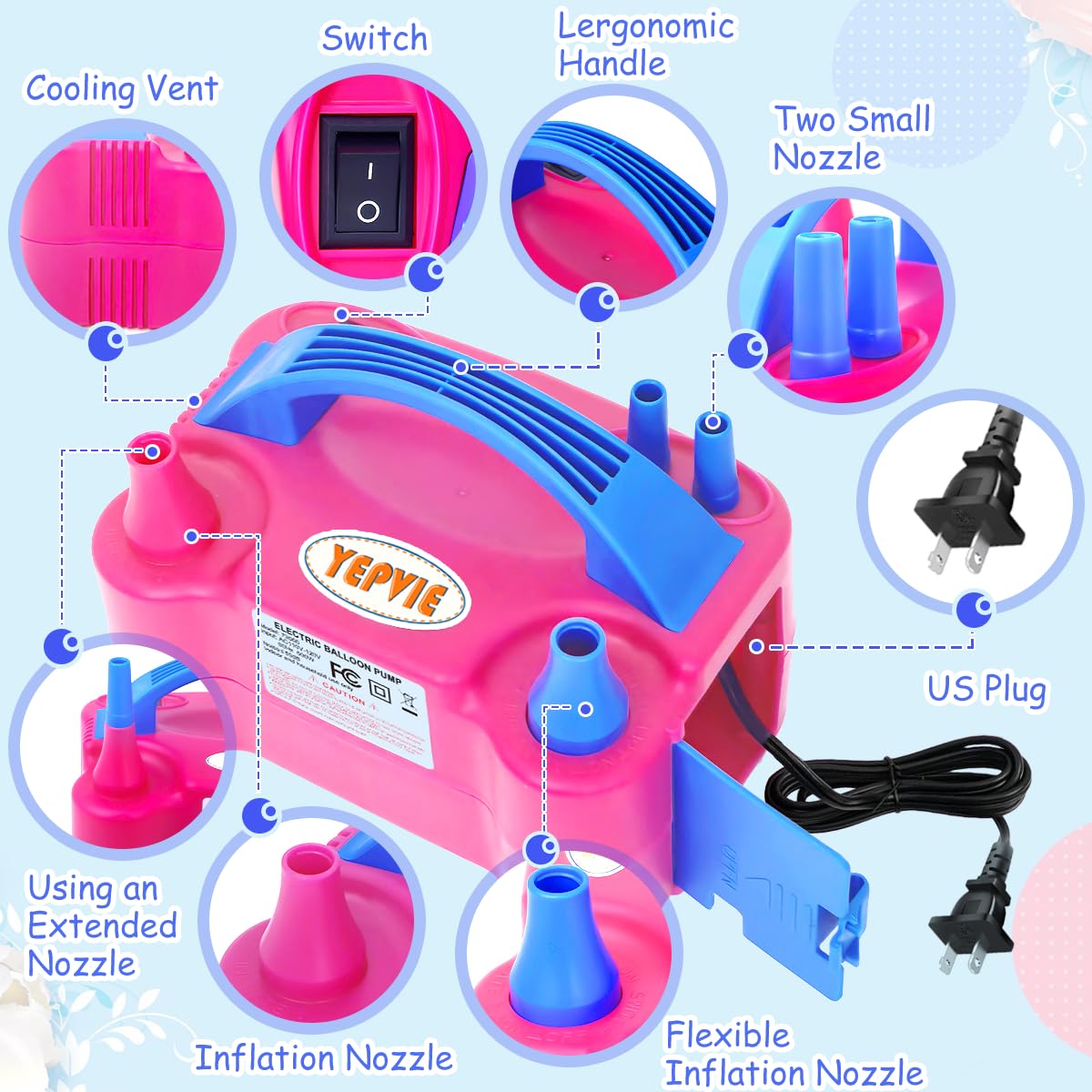 YEPVIE Balloon Pump Electric, 600W Professional Balloon Inflator with 8 Balloon Arch Kits, 2 Modes