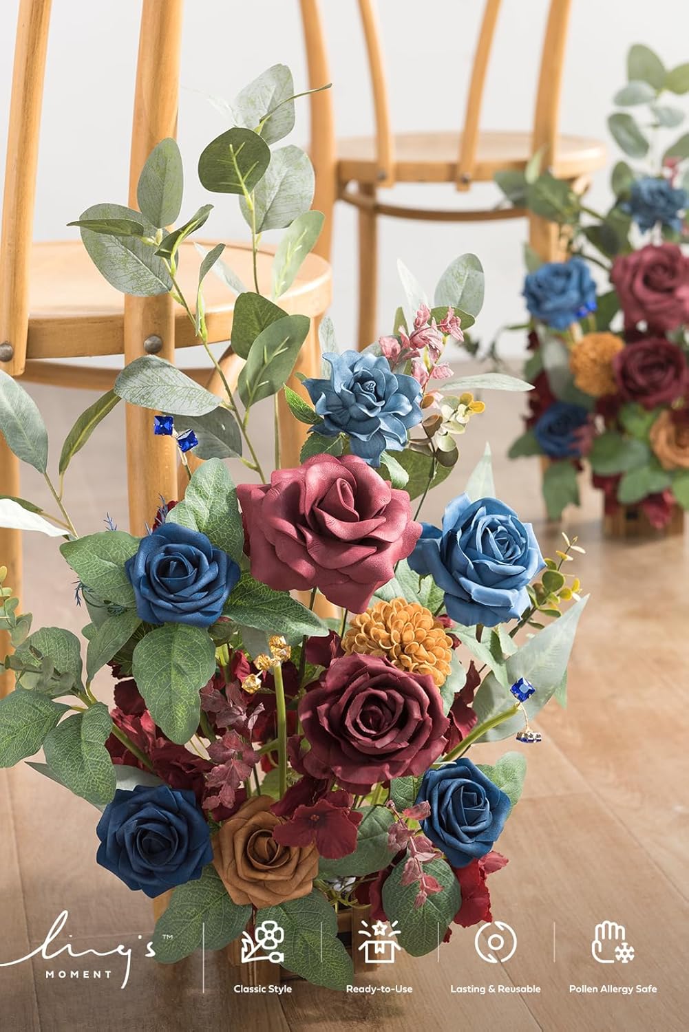 Ling's Moment 17.5" Tall Standing Artificial Flowers Arrangements 4pcs Fall Wedding Aisle Runner Chair Decorations Burgundy & Navy Blue Centerpieces for Ceremony Reception Rose Floral Party Outdoor