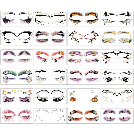 24 Pairs Halloween Luminous Eye Shadow Temporary Tattoos, Eyeliner Tattoo Stickers Spider Web Bat Pattern, Glow in the Dark Eyeliner Fake Tattoos for Women Men Eye Makeup Halloween Party Supplies