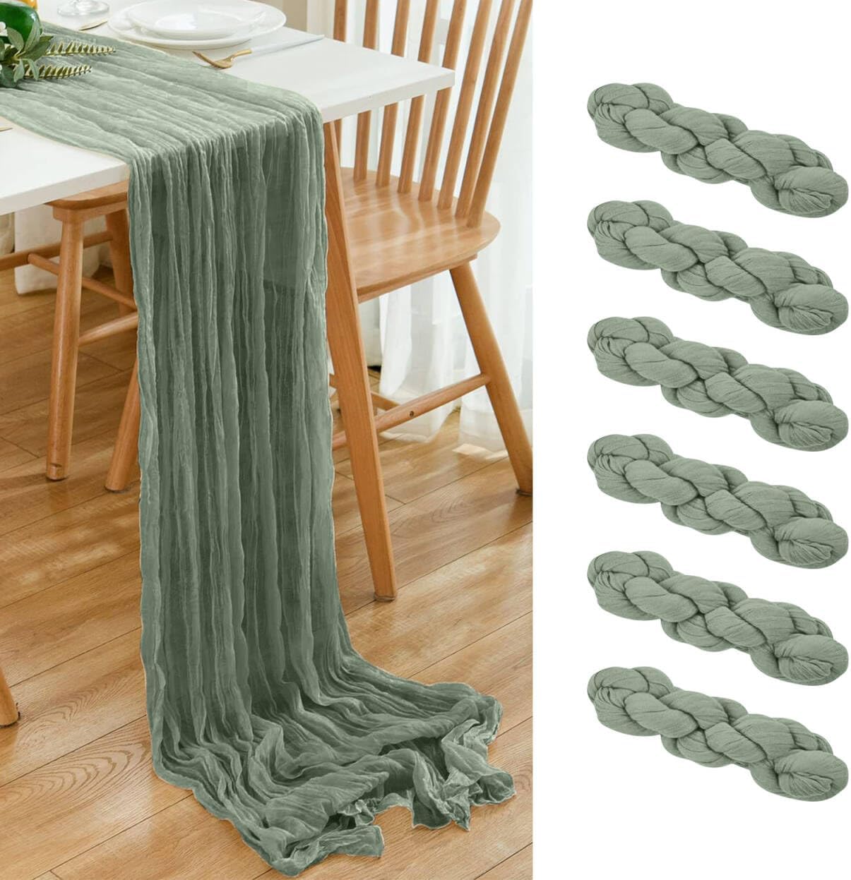 6 Pack Sage Green Cheesecloth Table Runner 20x120 Inch Boho Wrinkled Sheer Romantic Gauze Decor for Wedding, Bridal Shower, Birthday Party
