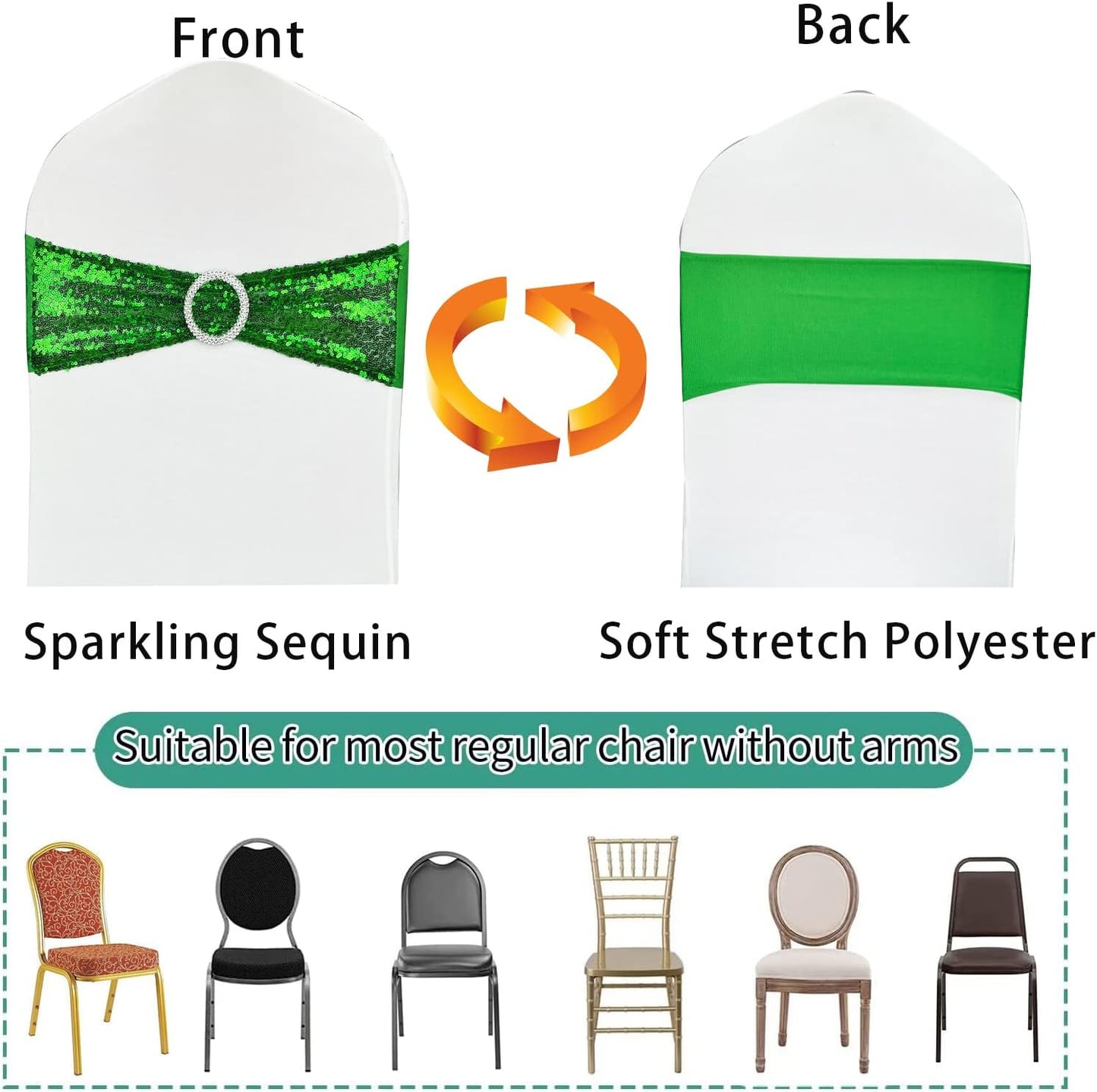 50 Pcs Chair Sashes Sequin Stretch Chair Bands Spandex Polyester Bows for Party Hotel Wedding Banquets Decoration - Green