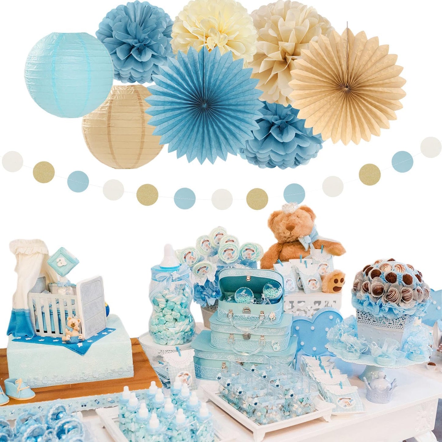 Light-Dusty Blue Beige-Champagne Baby-Shower Party-Decorations - 31pcs Welcome Home Banner Sign,Boy Paper Lanterns,Neutral Streamers Garland,Boho Tissue Pom Poms Flowers Fans Backdrop Decor Burgleda