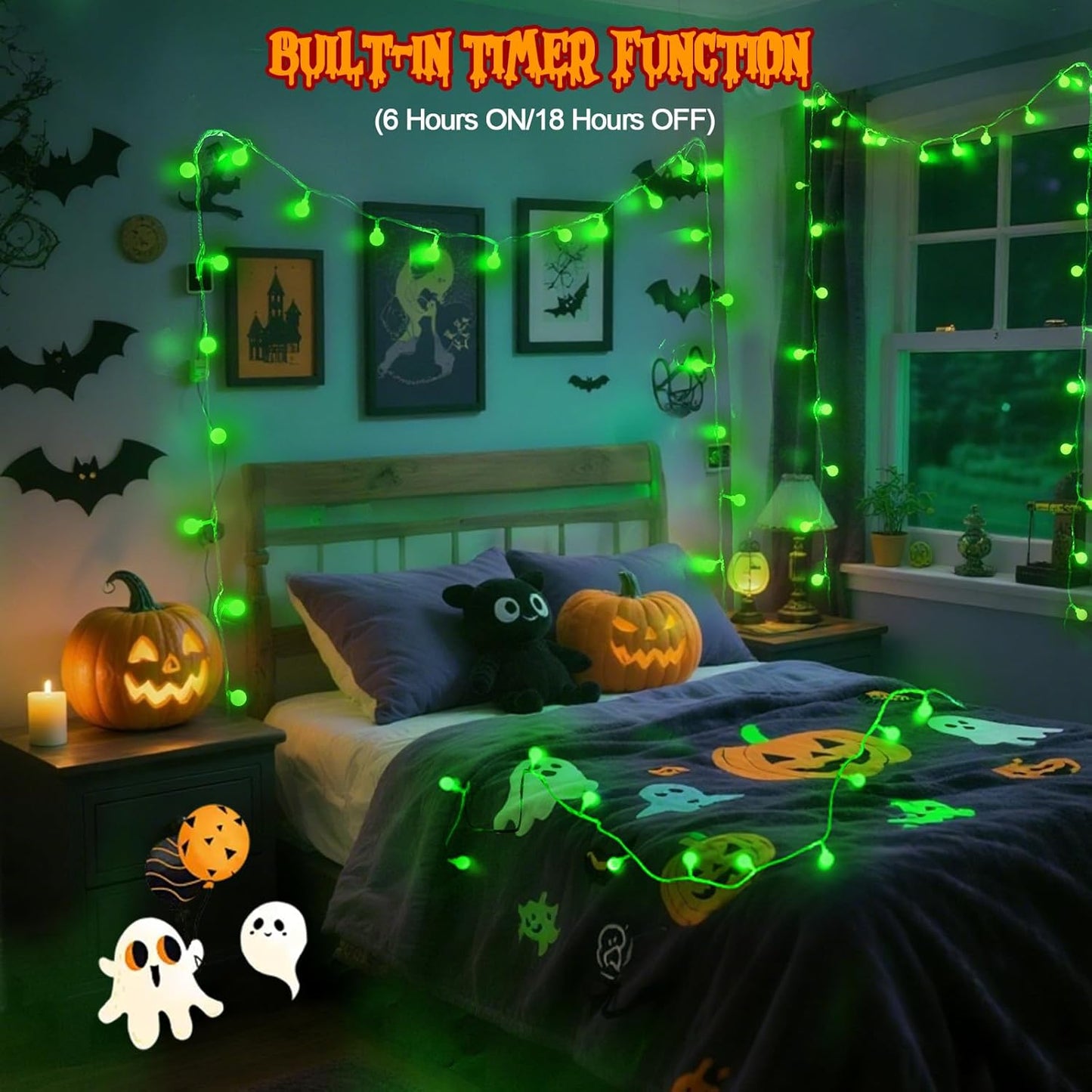 Connectable Green Halloween Lights Outdoor Indoor - 43FT 100LED Globe String Lights Plug in with Timer, 13 Modes Fairy Light Waterproof for Party Halloween Decorations Bedroom Decor