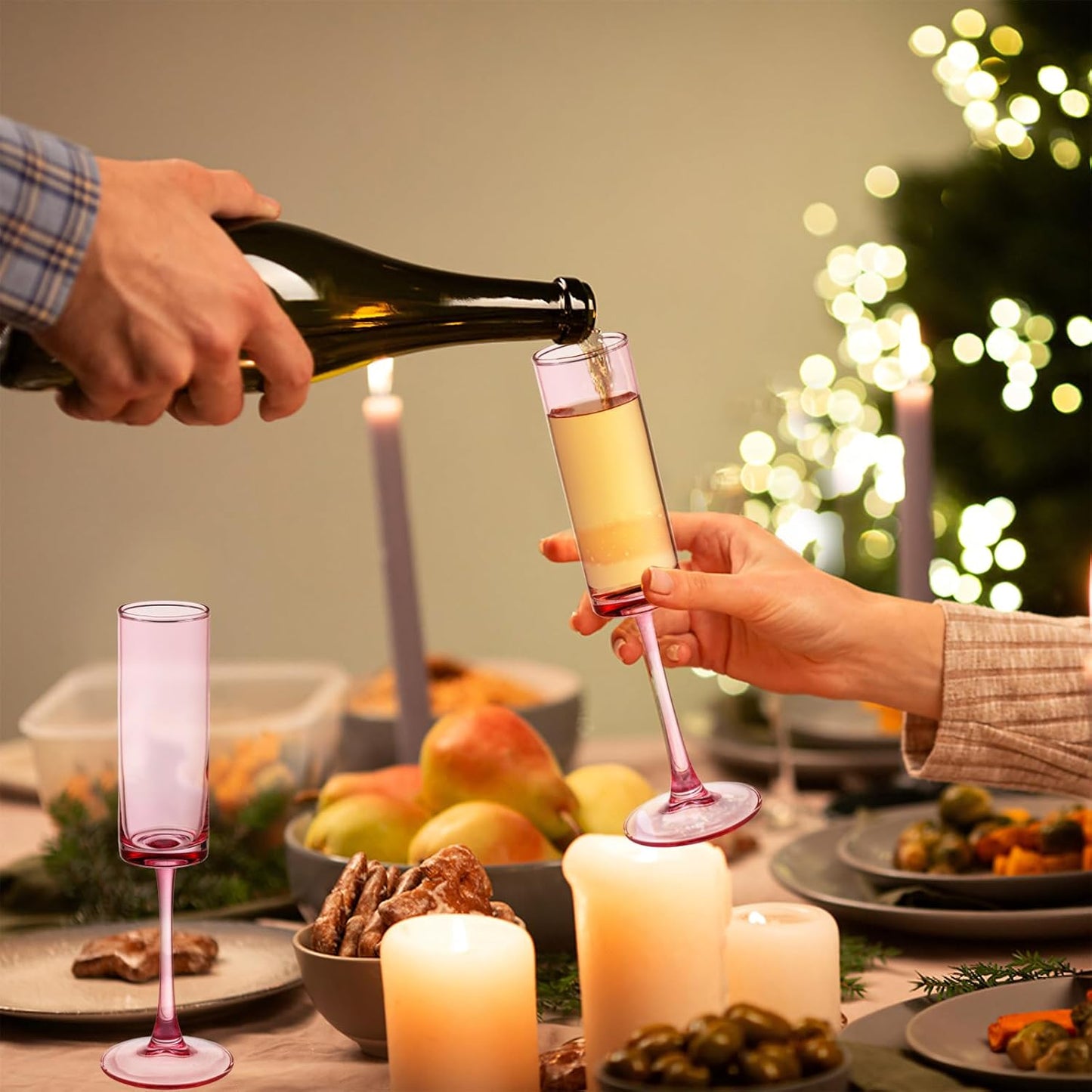 6 Pieces Pink Champagne Flutes 6 OZ Straight Sided Wine Glasses Champagne Long Stem Drinking Colored Glasses,Set of 6 Hand Blown Champagne Flutes Goblets for Wedding Cocktail Cups,Cava, Prosecco