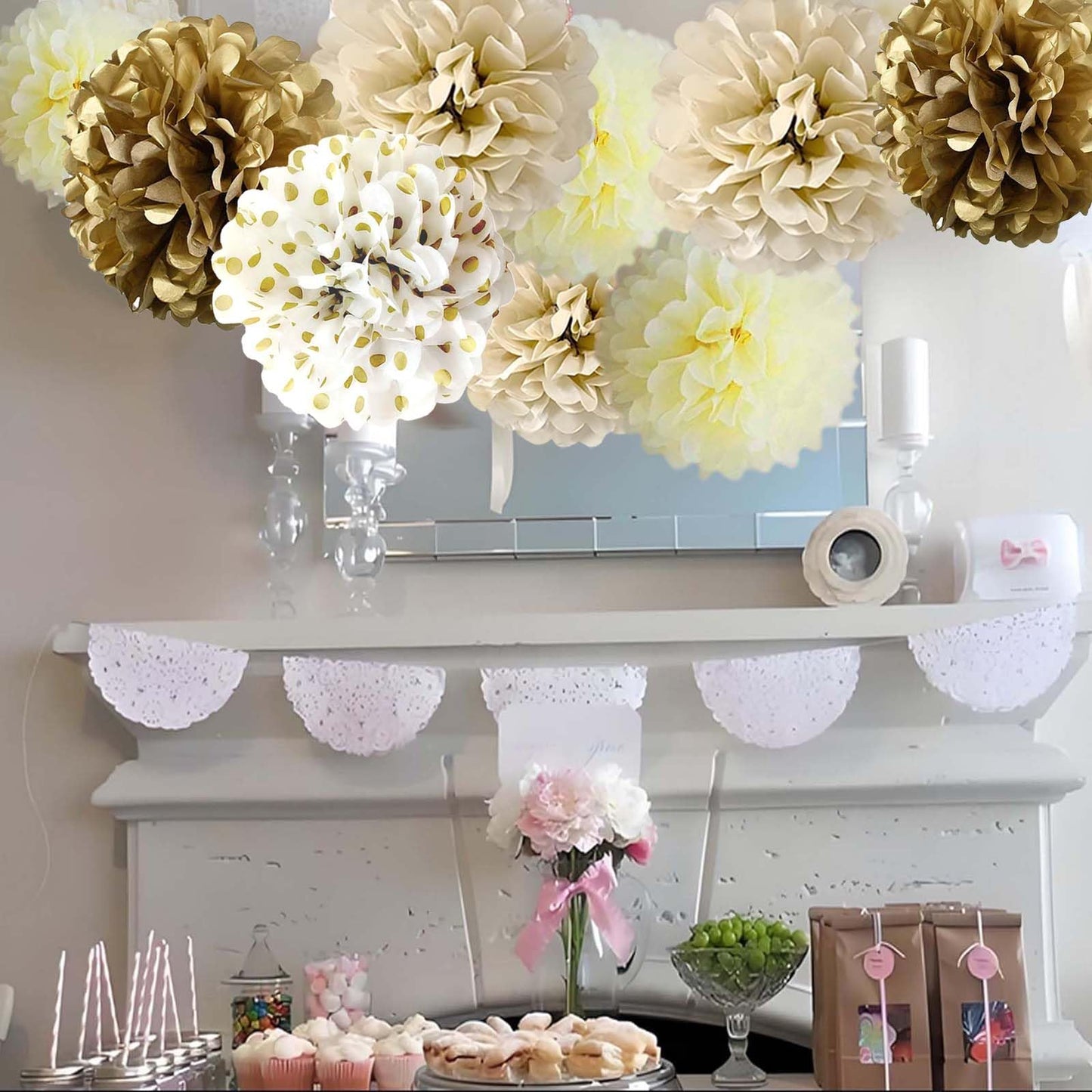 12-Piece Set of Gold and White Hanging Tissue Paper Pom Poms for Engagement, Wedding, Birthday