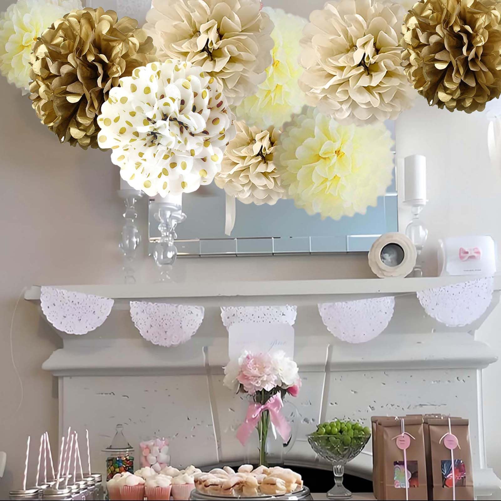 12-Piece Set of Gold and White Hanging Tissue Paper Pom Poms for Engagement, Wedding, Birthday