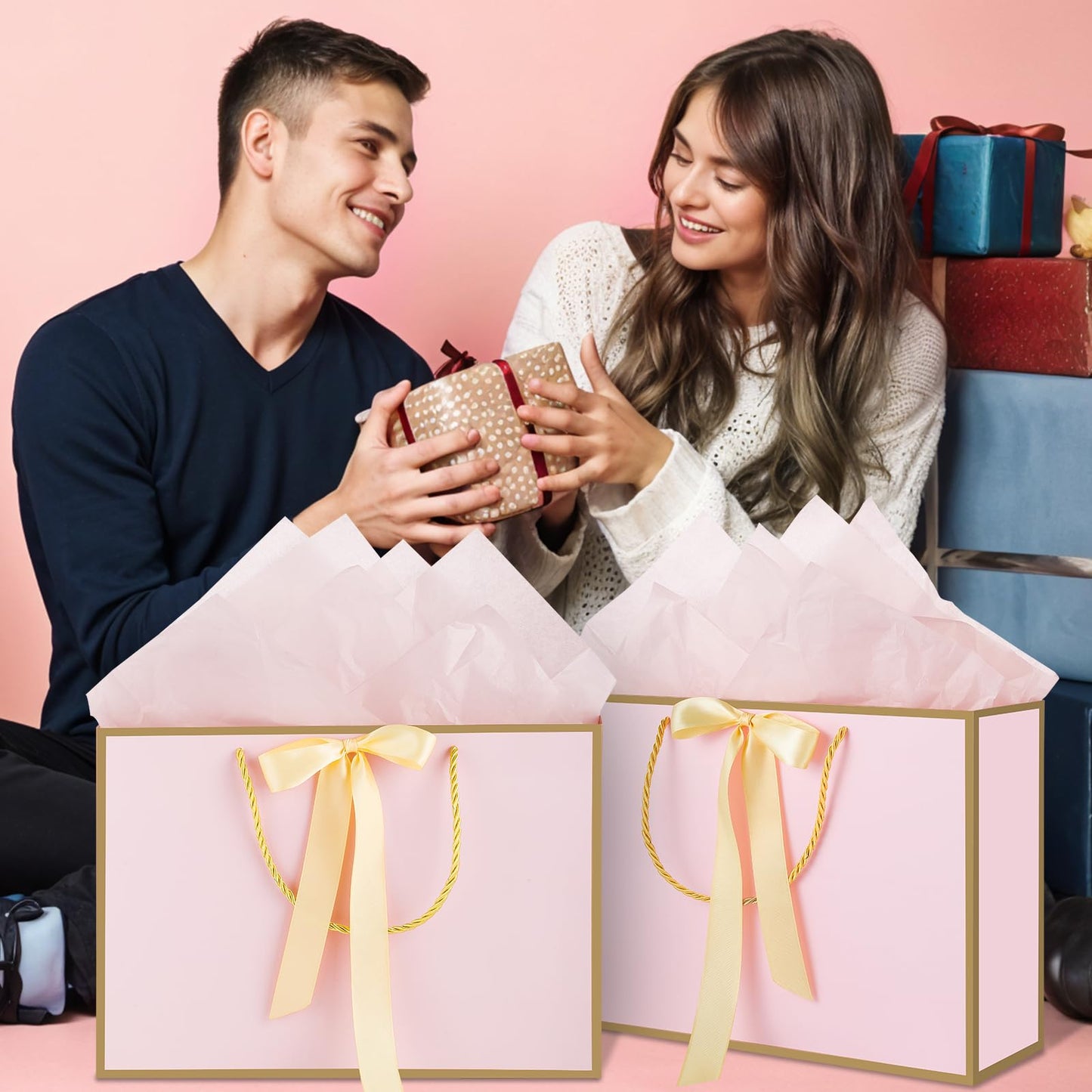 woric Pink Gift Bags with Handles, 14" Medium Gift Bags with Tissue Paper