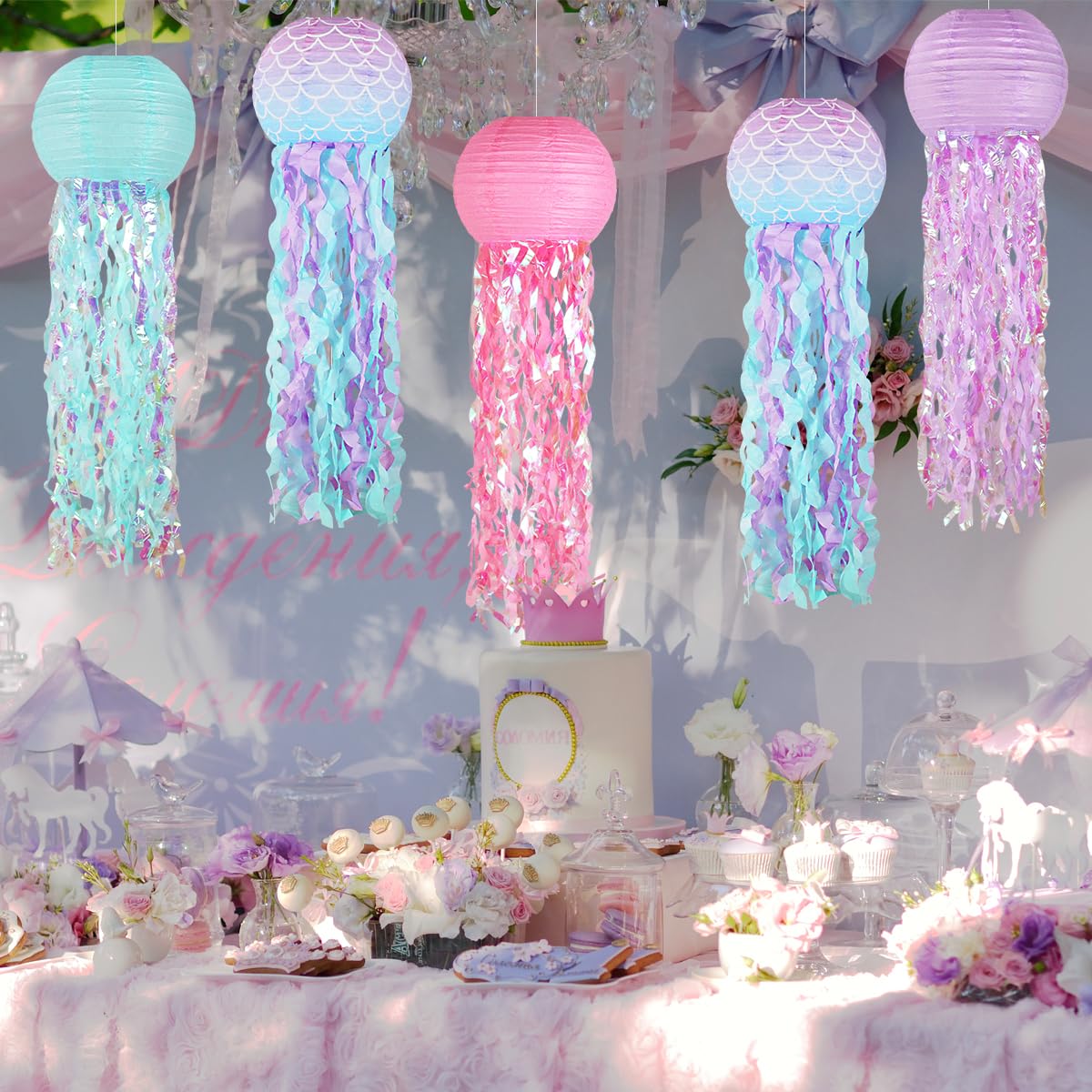 Mermaid Birthday Decorations, Jellyfish Paper Lanterns Pink Lavender Blue Mermaid Scales Hanging