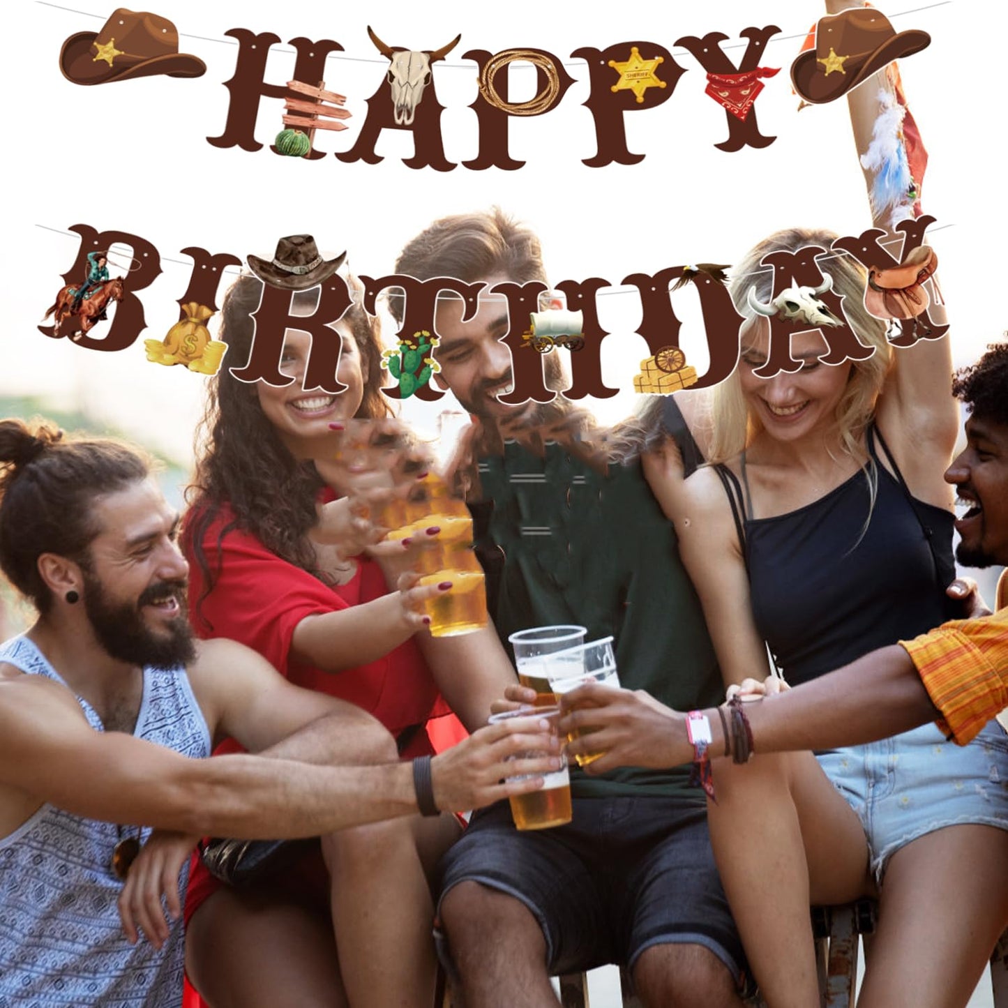 Western Cowboy Theme Wild West Party Decoration,Pre-Strung Happy Birthday Banner,Retro Horse Rodeo