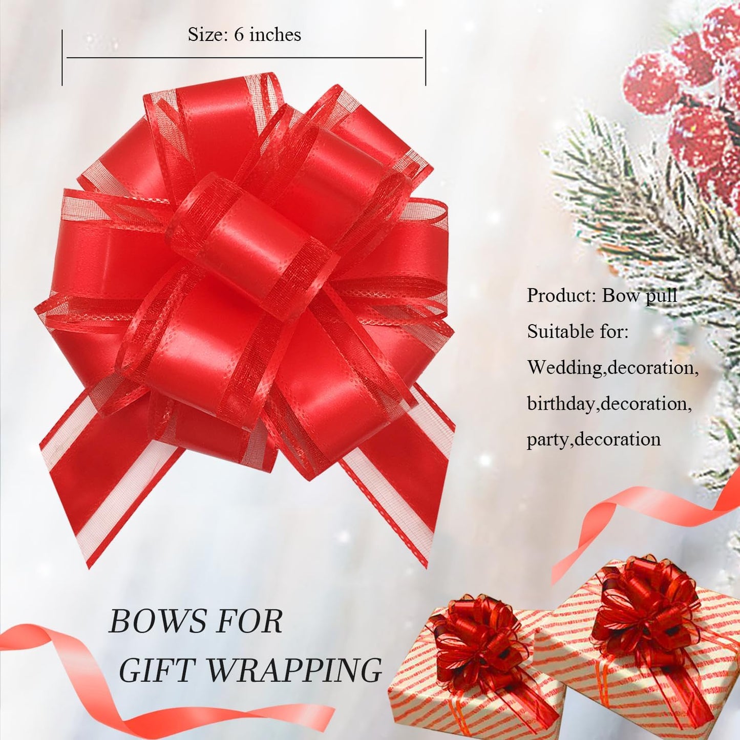 6 Pieces Large Pull Bows,6 inches,Bow for Gift Wrapping,Pull Bows for Party Birthday Gift Wedding Baskets Gift Decorations, Flower Decorations (Red)