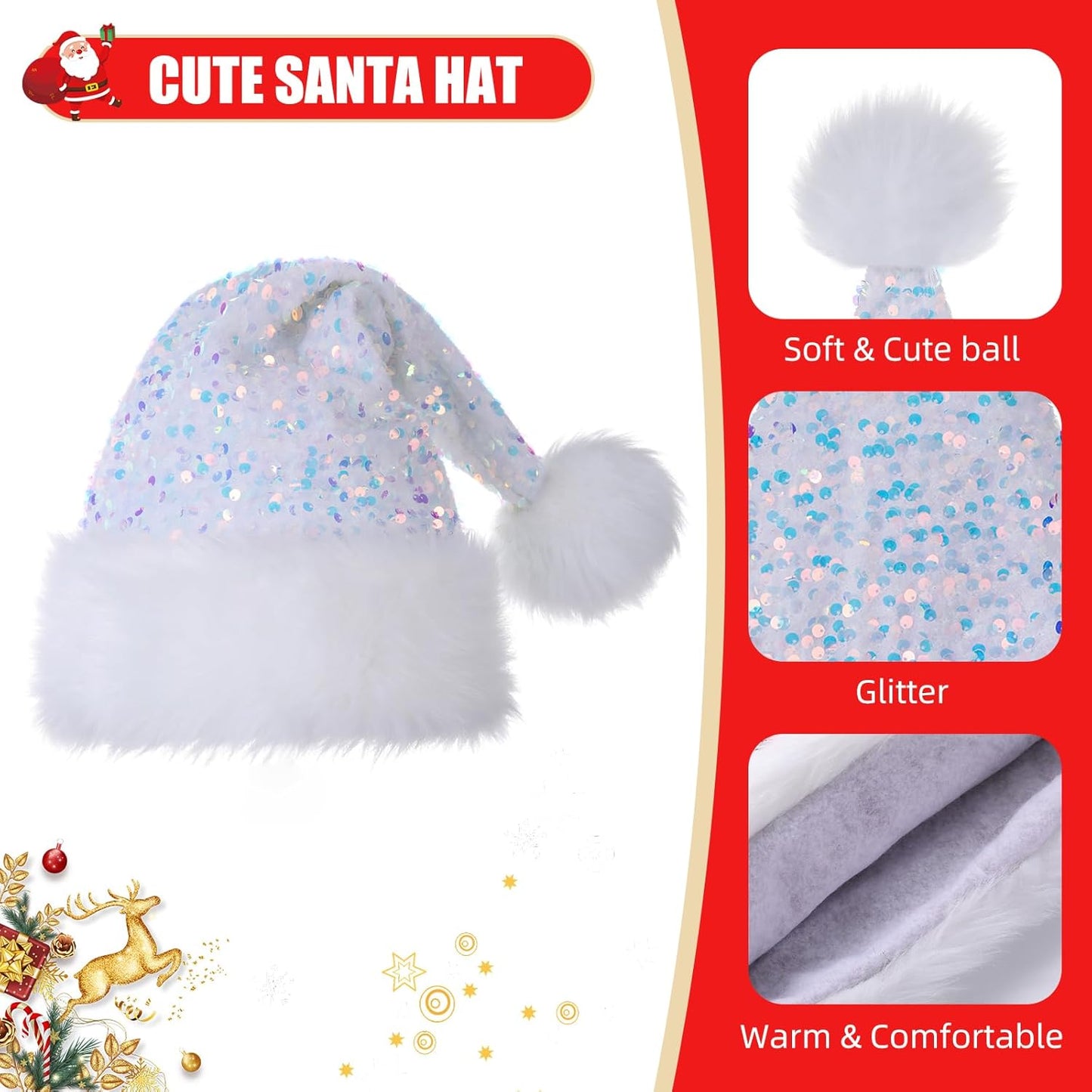 Personalized Sequin Santa Hat for Adults, Red Glitter Christmas Party Hat, Xmas Halloween New Year Holiday Headwear