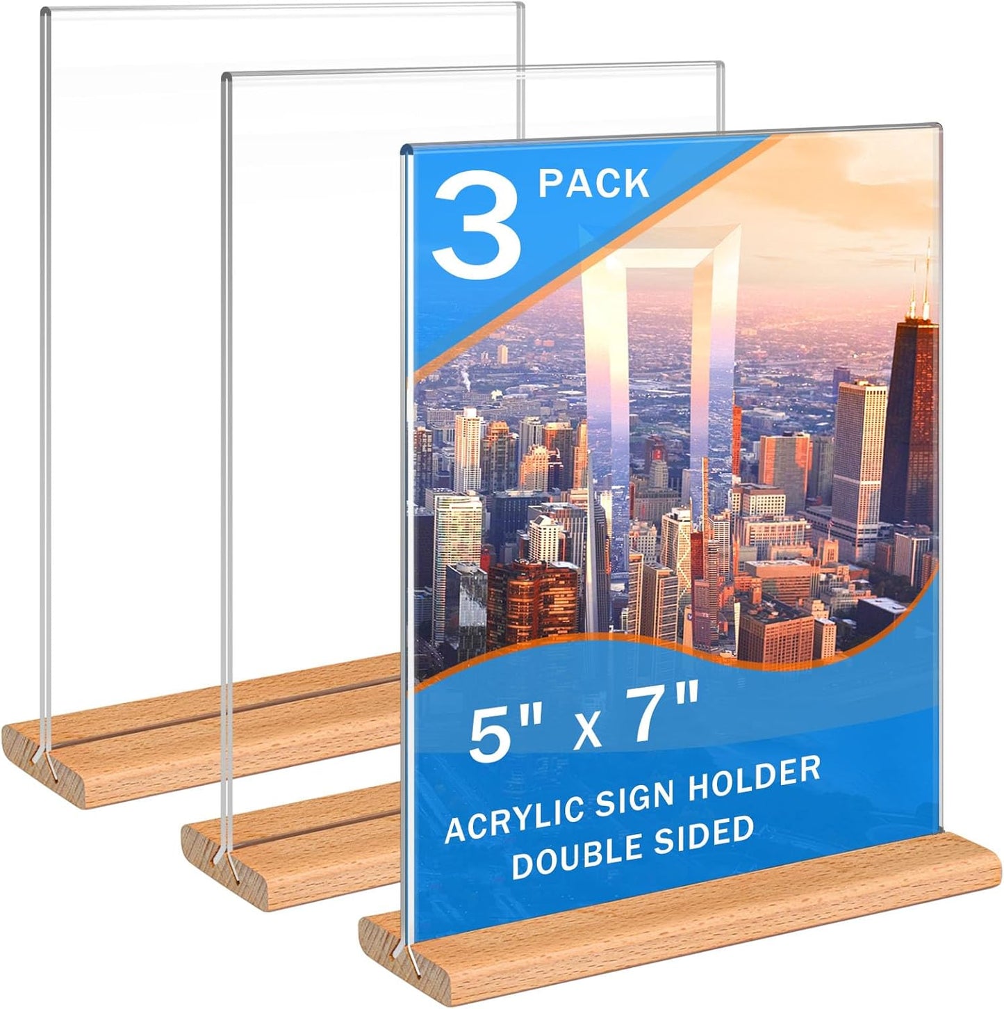 Kersally Acrylic Sign Holder 5 x 7, 3 Pack Double-Sided Clear Table Display Stands with Wood Base,Vertical Acrylic Frame Menu Flyer Paper Holder for Stores, Restaurants, Hotels, Office, Show Fair
