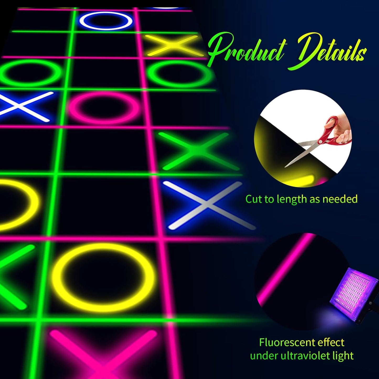Haull 118 x 39 Inch Neon Light up Dance Floor Glow in The Dark Runner UV Reactive Blacklight Floor Aisle Runner Decor Wall Props for 80s 90s Neon Birthday Party Decorations(Tic Tac Toe)