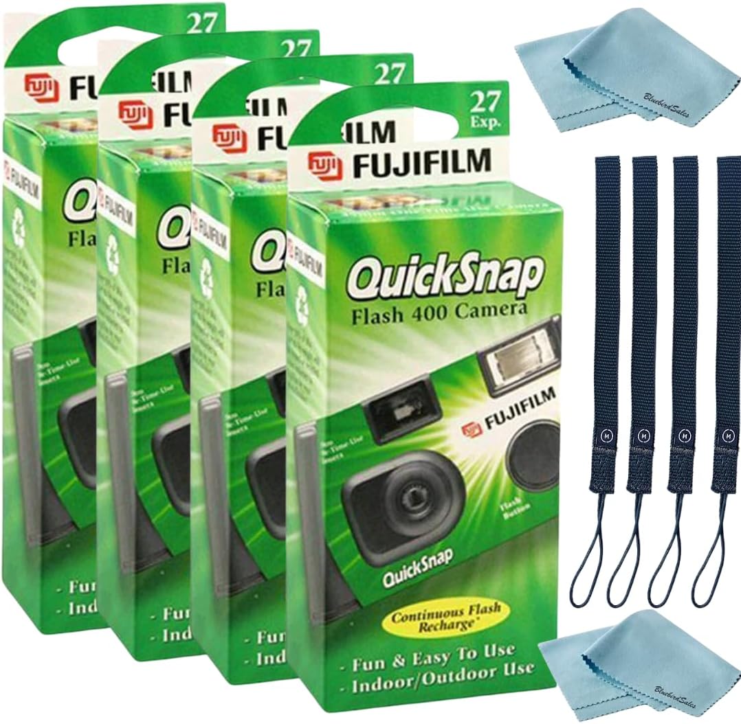 Fujifilm QuickSnap Flash 400 Disposable 35mm Camera • 4 Pack • 4 Hand Straps • 2 BluebirdSales Microfiber Cloth, Green, 7033661