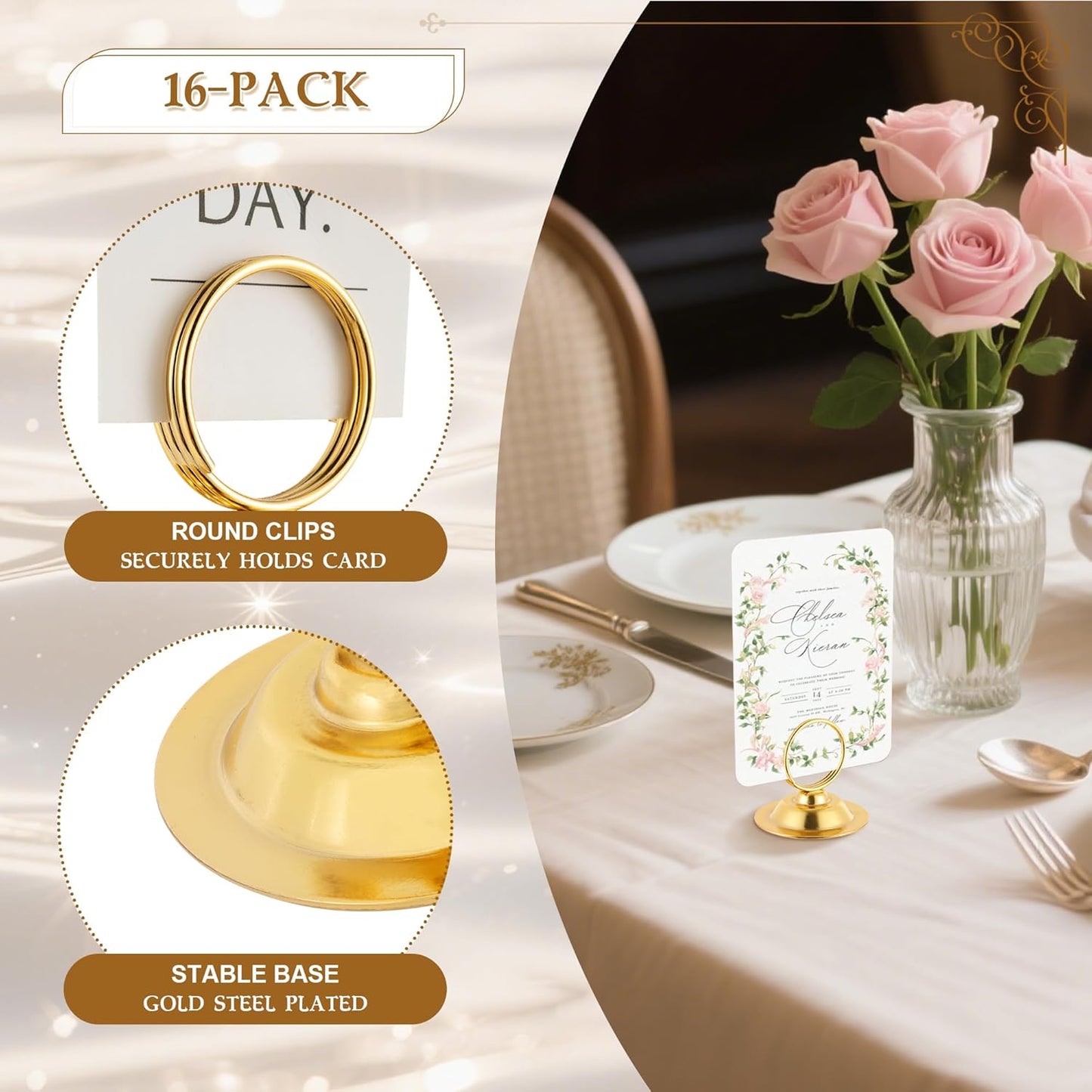 Urban Deco 16 PK Table Card Holder Place Card Holders Steel Card Holders for Photos, Food Signs, Memo Notes, Weddings, Restaurants, Birthday（Gold）