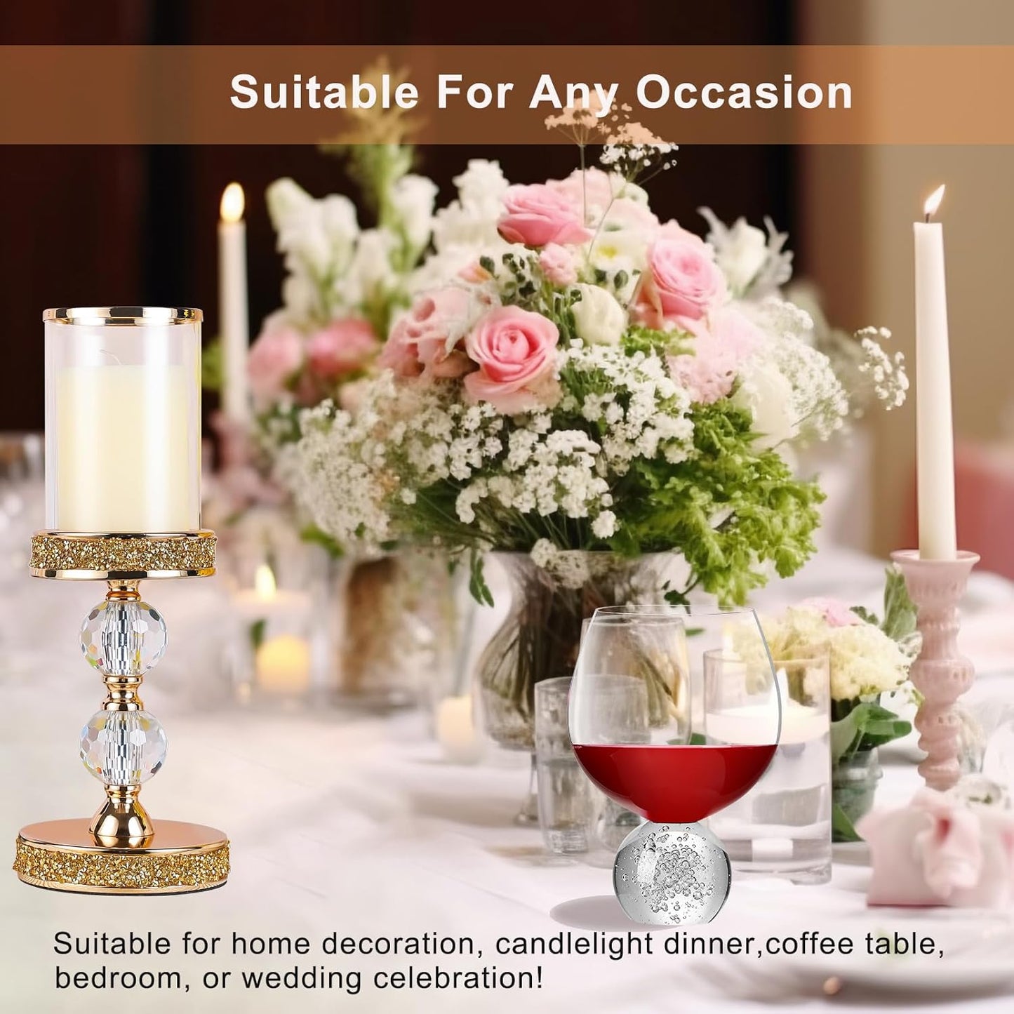 Pillar Candle Holder, 13 Inch Crystal Candlesticks for 3''X5'' Candles, Dining Coffee Table Decor, Wedding, Events, Parties - Glass and Gold Finish