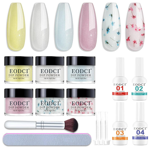 Dip Powder Nail Transparent Crystal Dried Flower Set, 6 Colors Dipping Powder Kit With Base & Top Coat/Activator/Brush Saver, Nail Art Manicure Salon DIY for Daily at Home Party Gifts for Women
